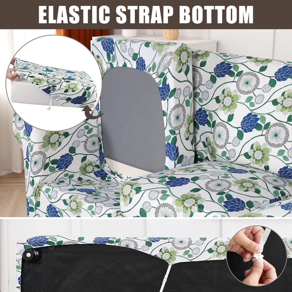 Searchi Stretch Sofa Cover Printed Couch Cover, Floral Pattern 4 Pieces Sofa Slipcover With 3 Separate Cushion Cover, Washable Furniture Protector For Living Room(Sofa, Green Flowers)
