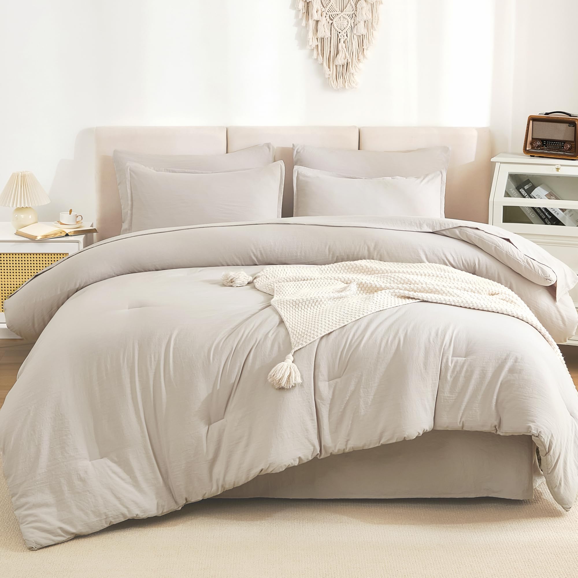 Litanika Queen Comforter Set Linen - 7 Pieces Bed In A Bag Queen Beddding Comforter Sets, Solid Lightweight Bed Set With Comfort