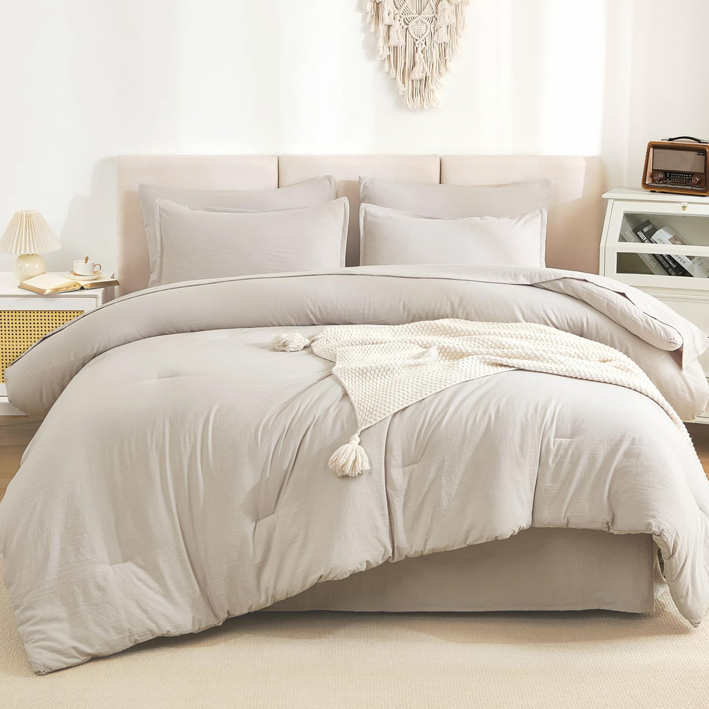 Litanika Full Size Comforter Sets Linen - 7 Pieces Bed In A Bag Full Beddding Comforter Sets, Solid Lightweight Bed Set With Com