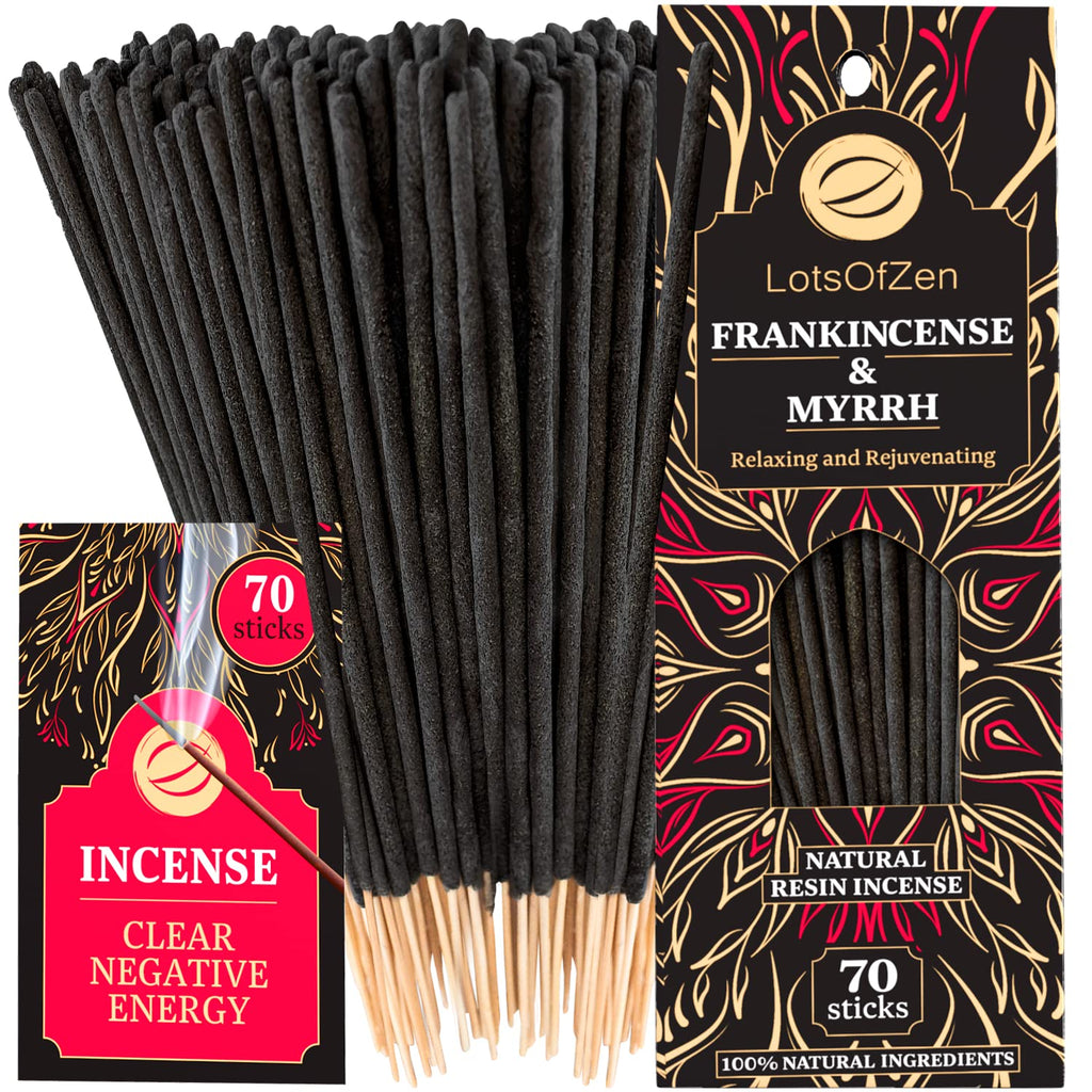 LOTS OF ZEN Frankincense and Myrrh Incense Sticks Smudge Kit (70 pcs) - 1-Hour Burning Spiritual Incense Sticks for Bad Energy C