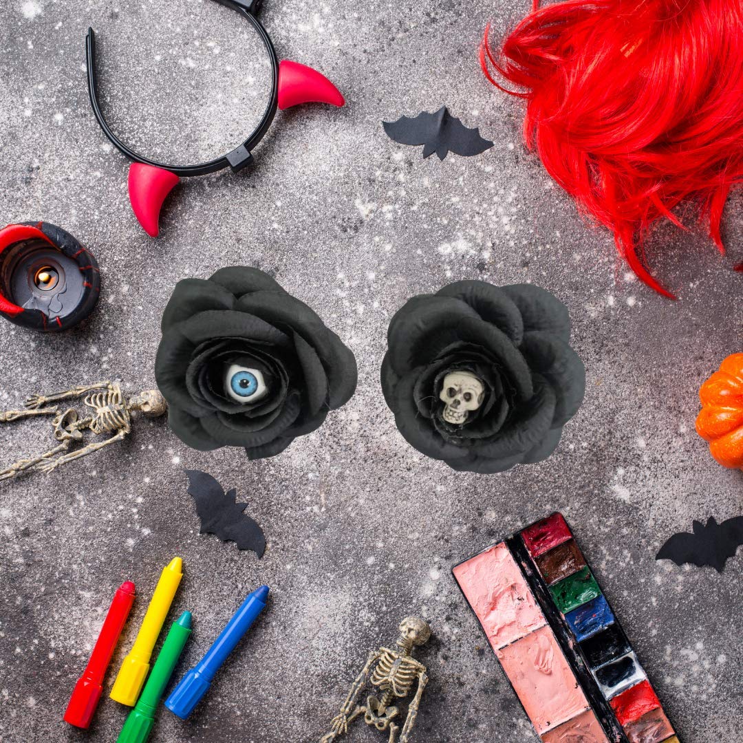 Halloween Gothic Hair Flower Accessory, Artificial Black Rose Hair Pins With Skeleton Head And Monster Eyeball, Dark Creepy Flow