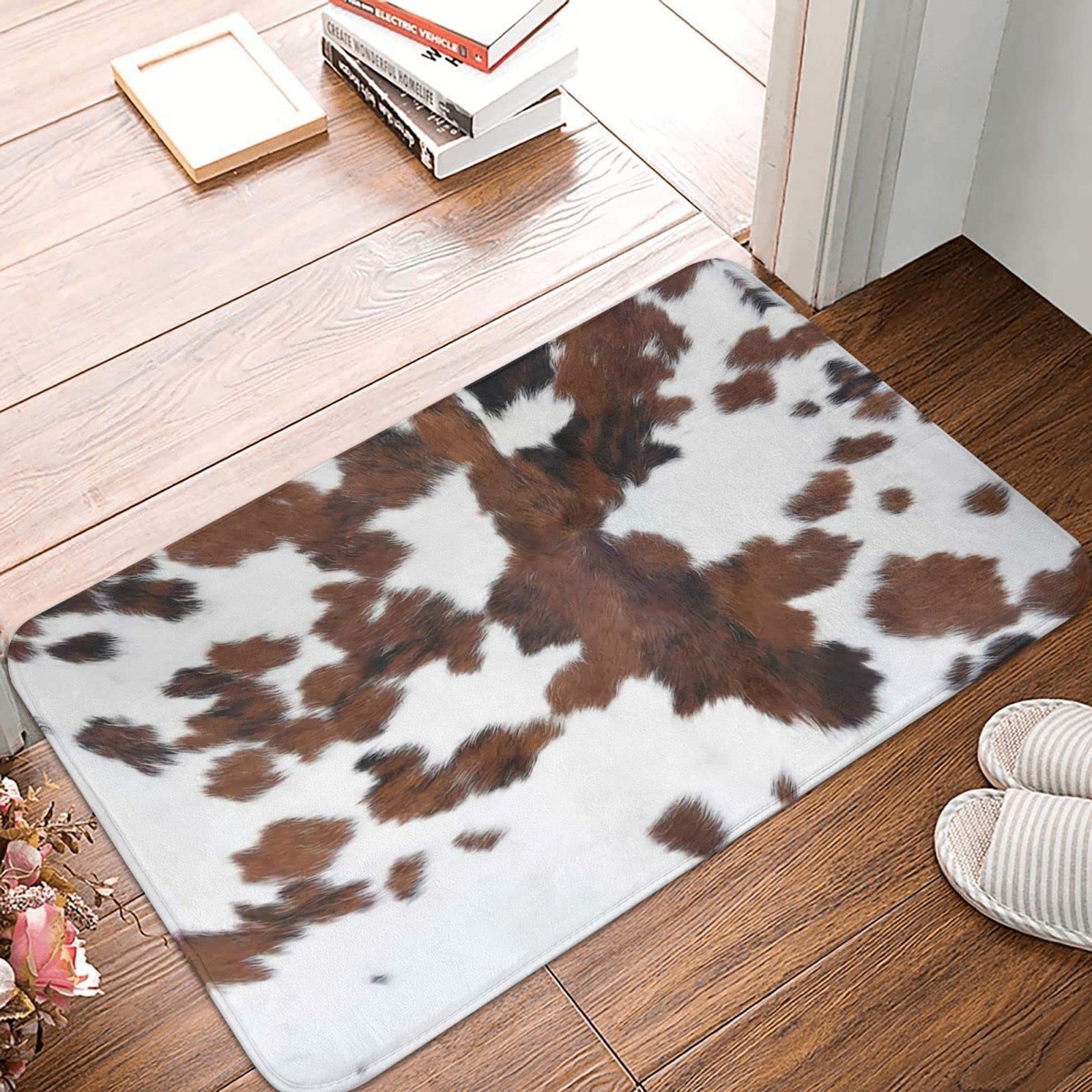 Brown Cowhide Cow Print Western Bathroom Decor Bath Mats, Soft Absorbent Bath Rug Non-Slip Floor Rug Carpets for Kitchen Bathroo