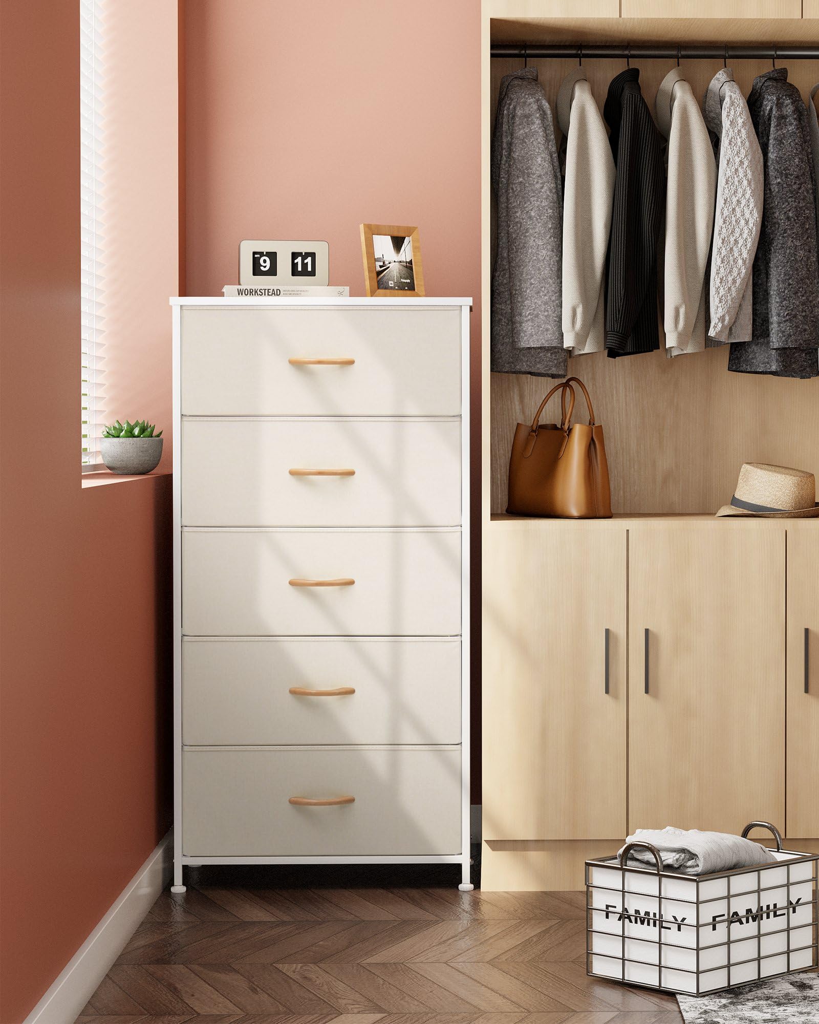 Crestlive Products Vertical Dresser Storage Tower - Sturdy Steel Frame, Wood Top, Easy Pull Fabric Bins - Wide Organizer Unit For Bedroom, Hallway, Entryway, Closets - 5 Drawers(Beige)