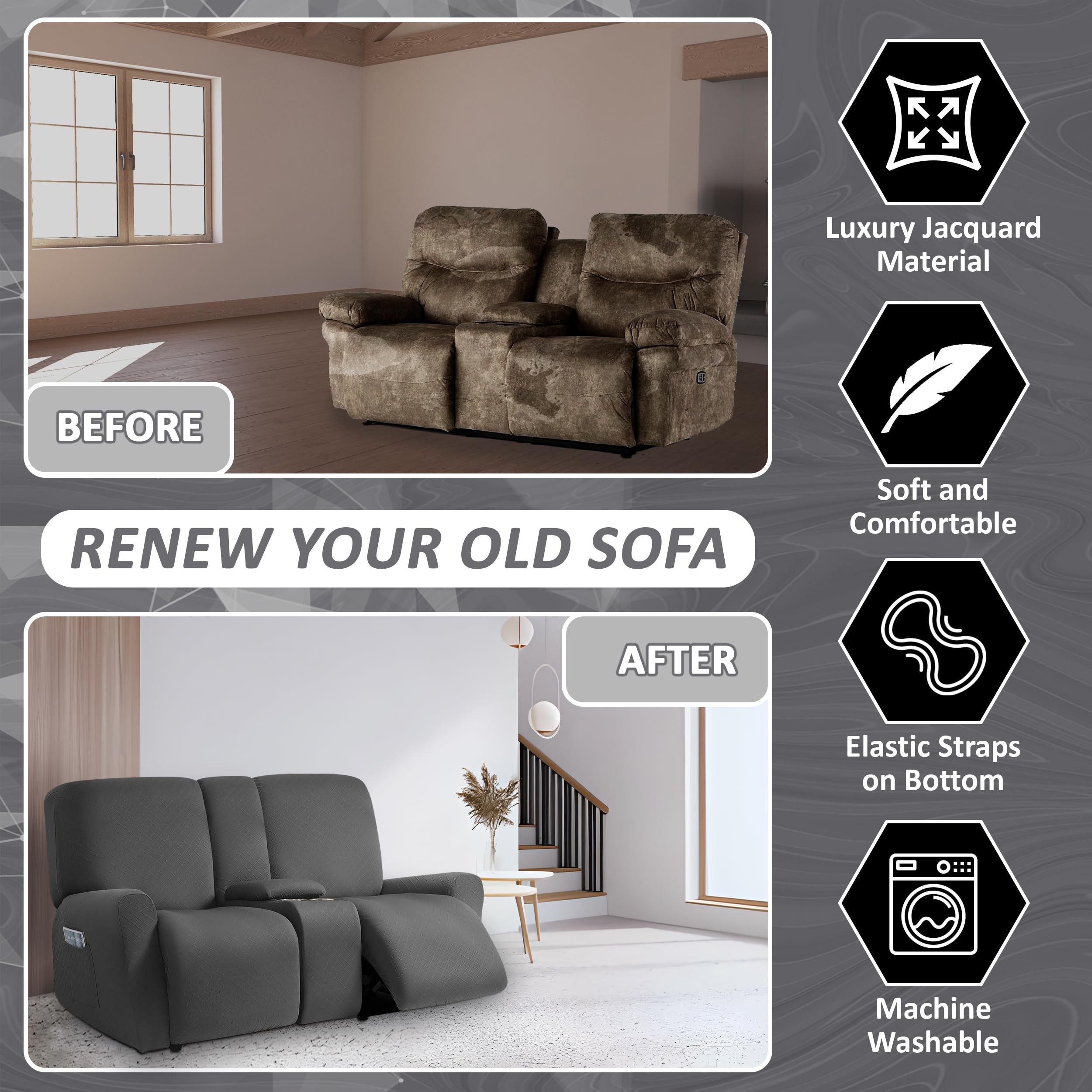 Ulticor Squared Jacquard Design Reclining Loveseat With Middle Console Slipcover, 8-Piece Stretch Sofa Covers, 2 Seat Loveseat R