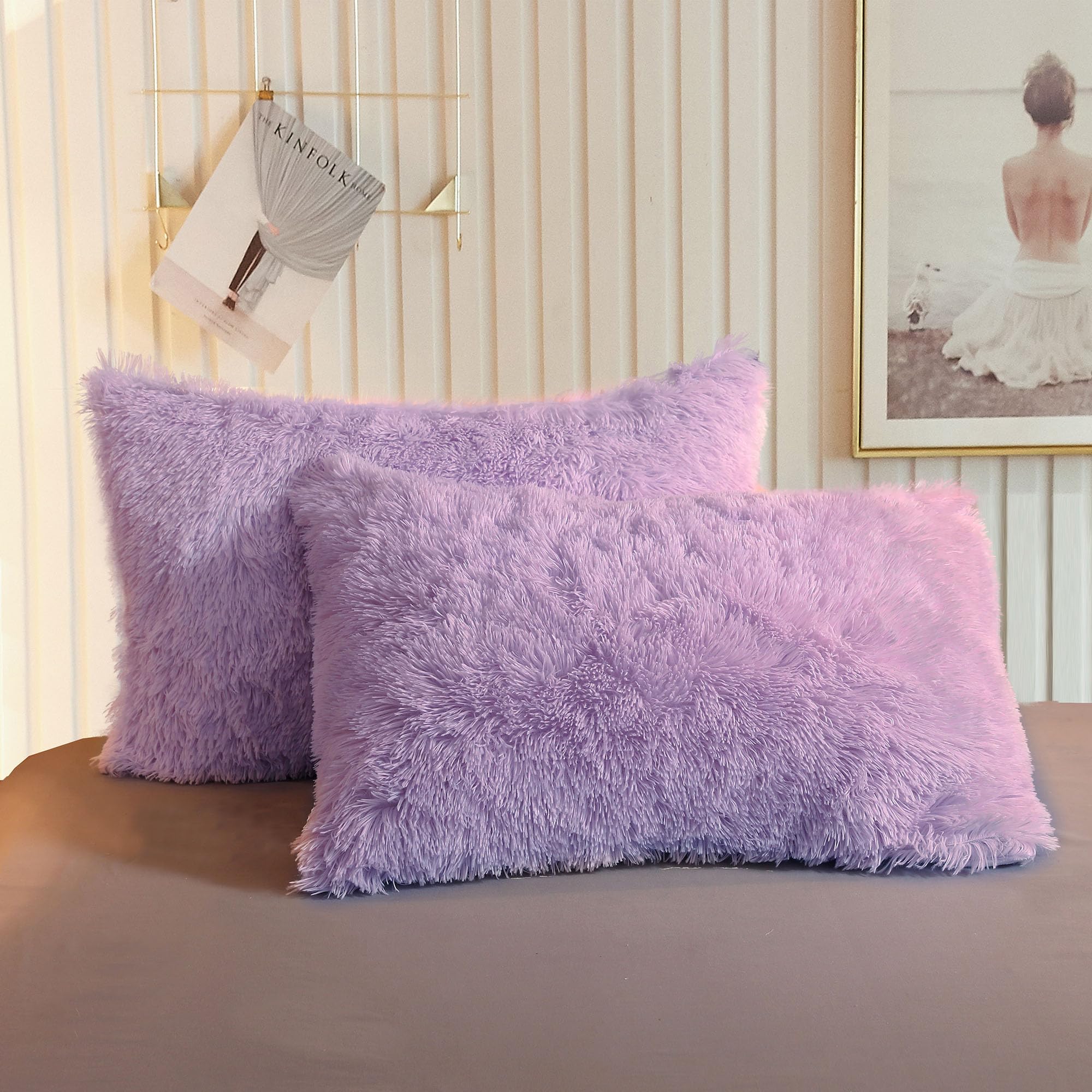 Xege Faux Fur Throw Pillow Cases, Plush Shaggy Soft Pillow Covers, Fluffy Velvet Decorative Pillowcases Light Purple, Furry Fuzz