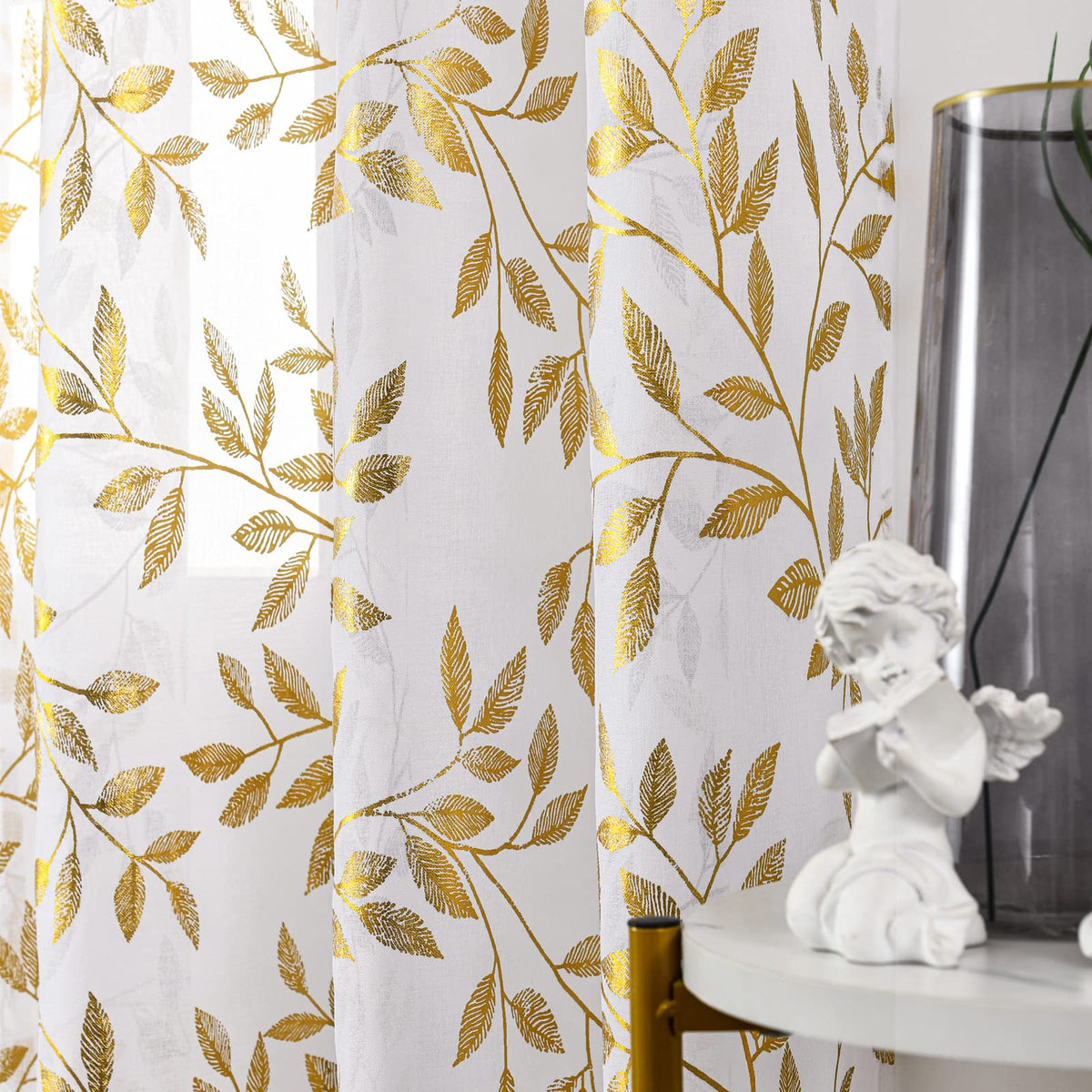 Deeprove White Sheer Curtains 108 Inches Long 2 Panels Set, Gold Foil Metallic Vine Leaves Print Window Treatments For Nursery B