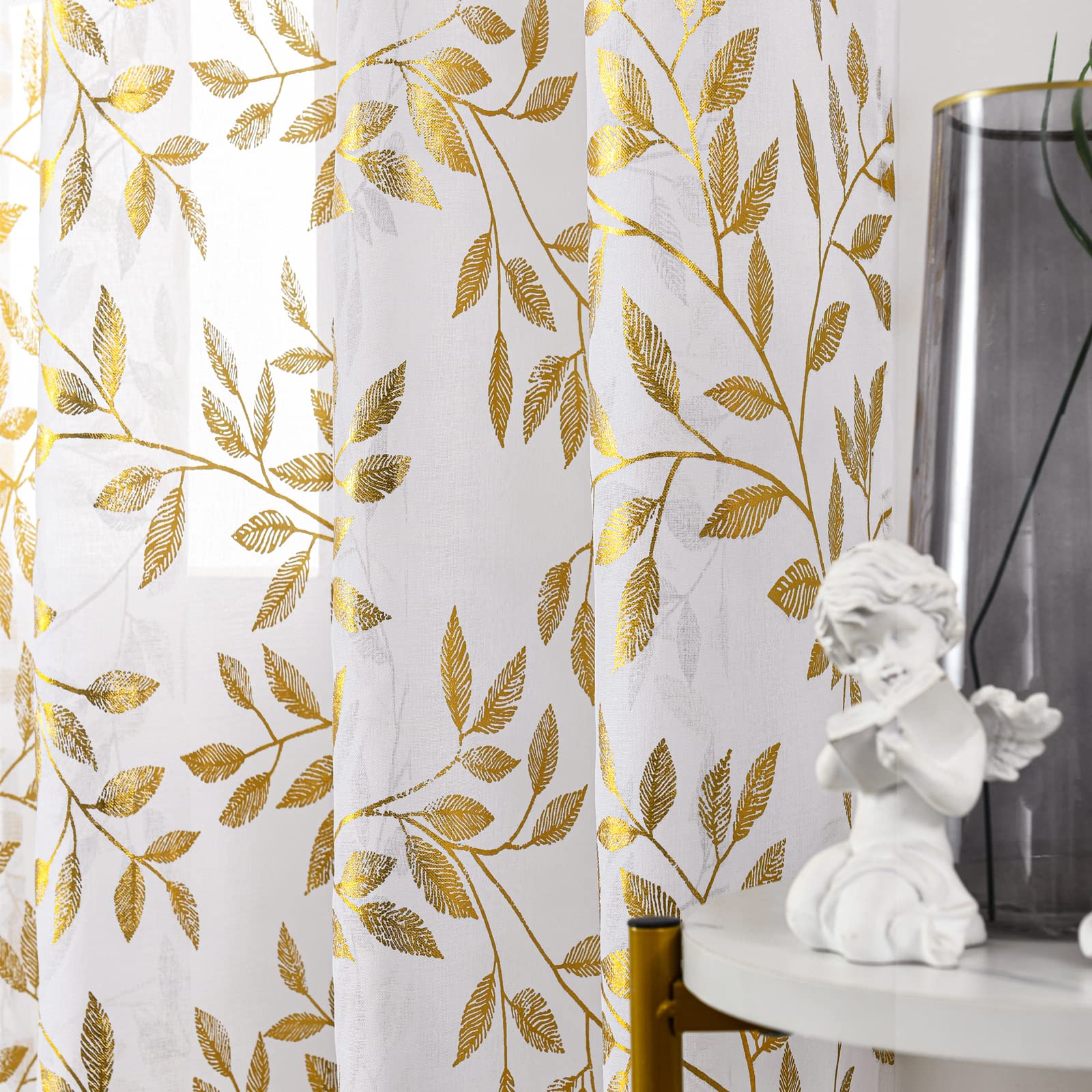 Deeprove White Sheer Curtains 108 Inches Long 2 Panels Set, Gold Foil Metallic Vine Leaves Print Window Treatments For Nursery B
