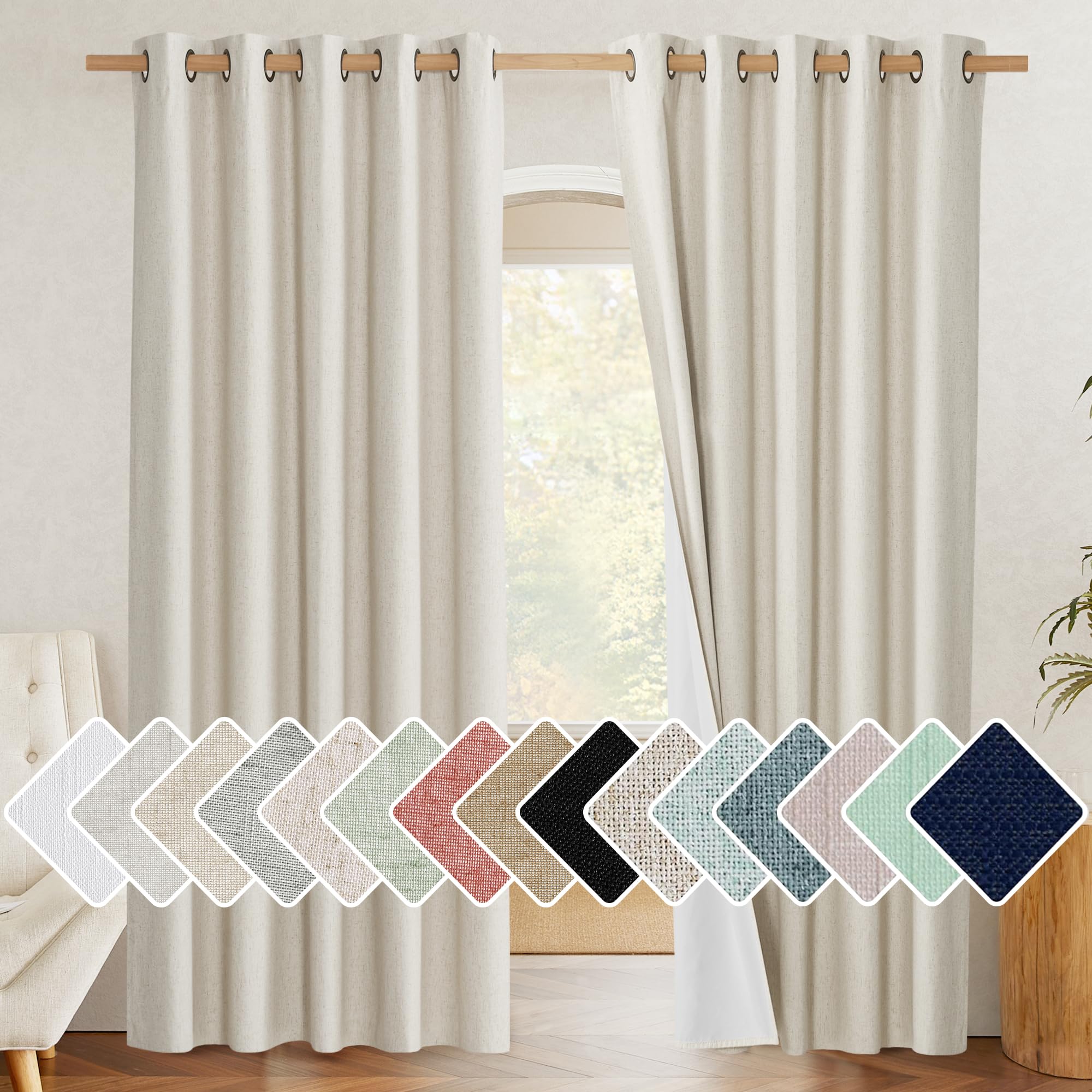 NICETOWN Farmhouse Style 100% Blackout Natural Linen Curtains 90 inches Length, 2 Panels, 62 W, Room Cooling Window Draperies wi