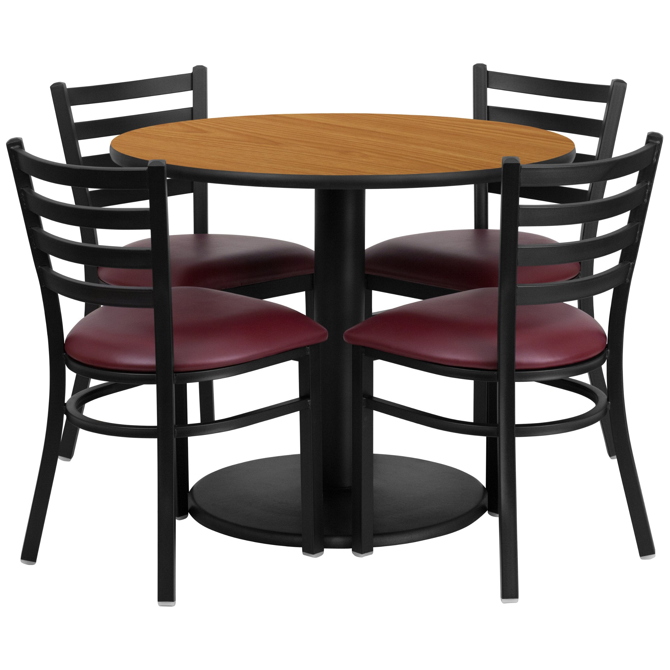 Flash Furniture 36'' Round Natural Laminate Table Set With Round Base And 4 Ladder Back Metal Chairs - Burgundy Vinyl Seat