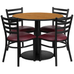 Flash Furniture 36'' Round Natural Laminate Table Set With Round Base And 4 Ladder Back Metal Chairs - Burgundy Vinyl Seat