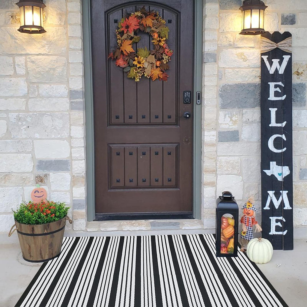 Black And White Striped Outdoor Rug Front Porch Rug 27.5'X43' Front Door Mat Cotton Hand-Woven Reversible Mats For Outdoor,Ent