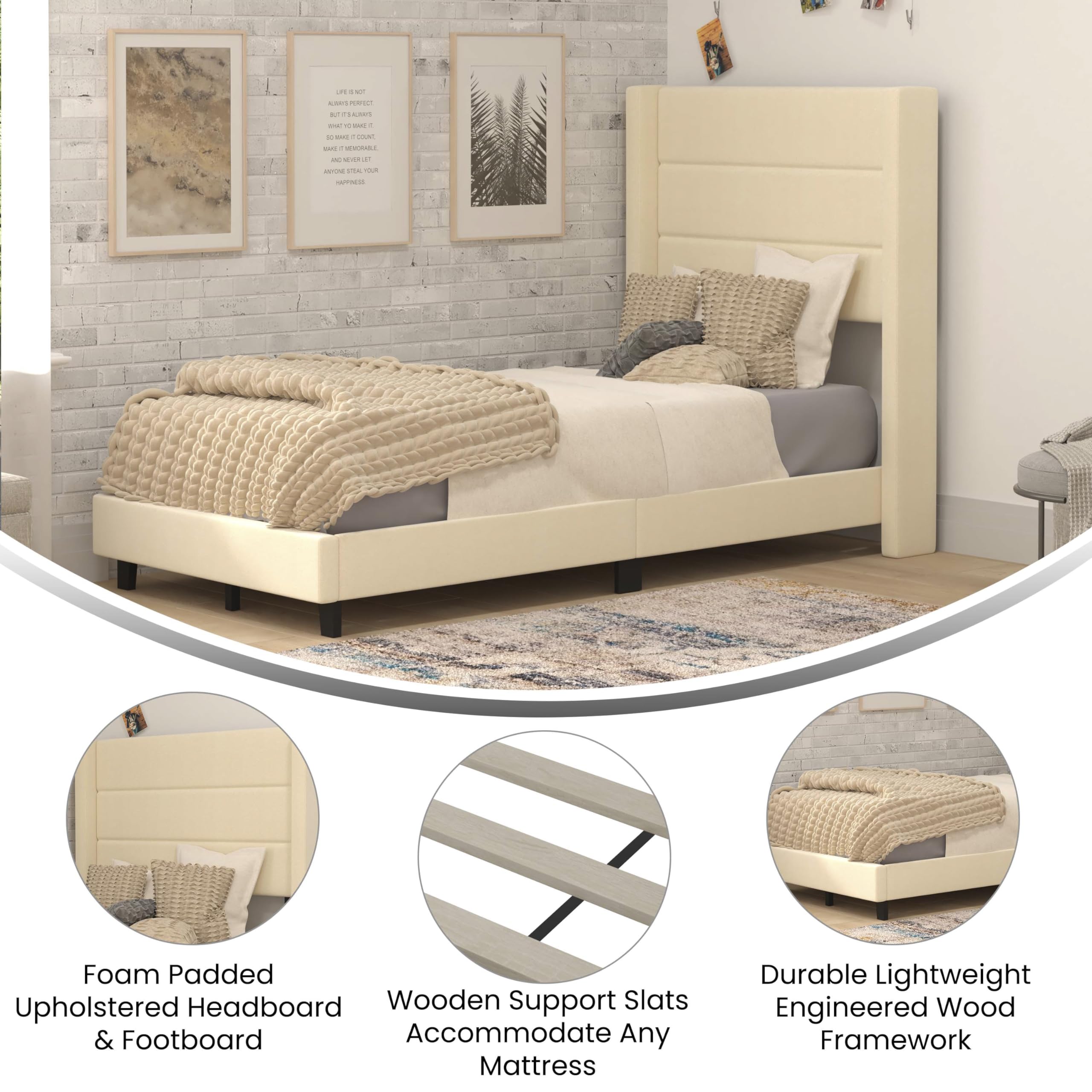 Flash Furniture Hollis Upholstered Platform Bed - Beige Faux Linen Wingback Headboard - Twin - Mattress Foundation with Slatted Supports - No Box Spring Needed
