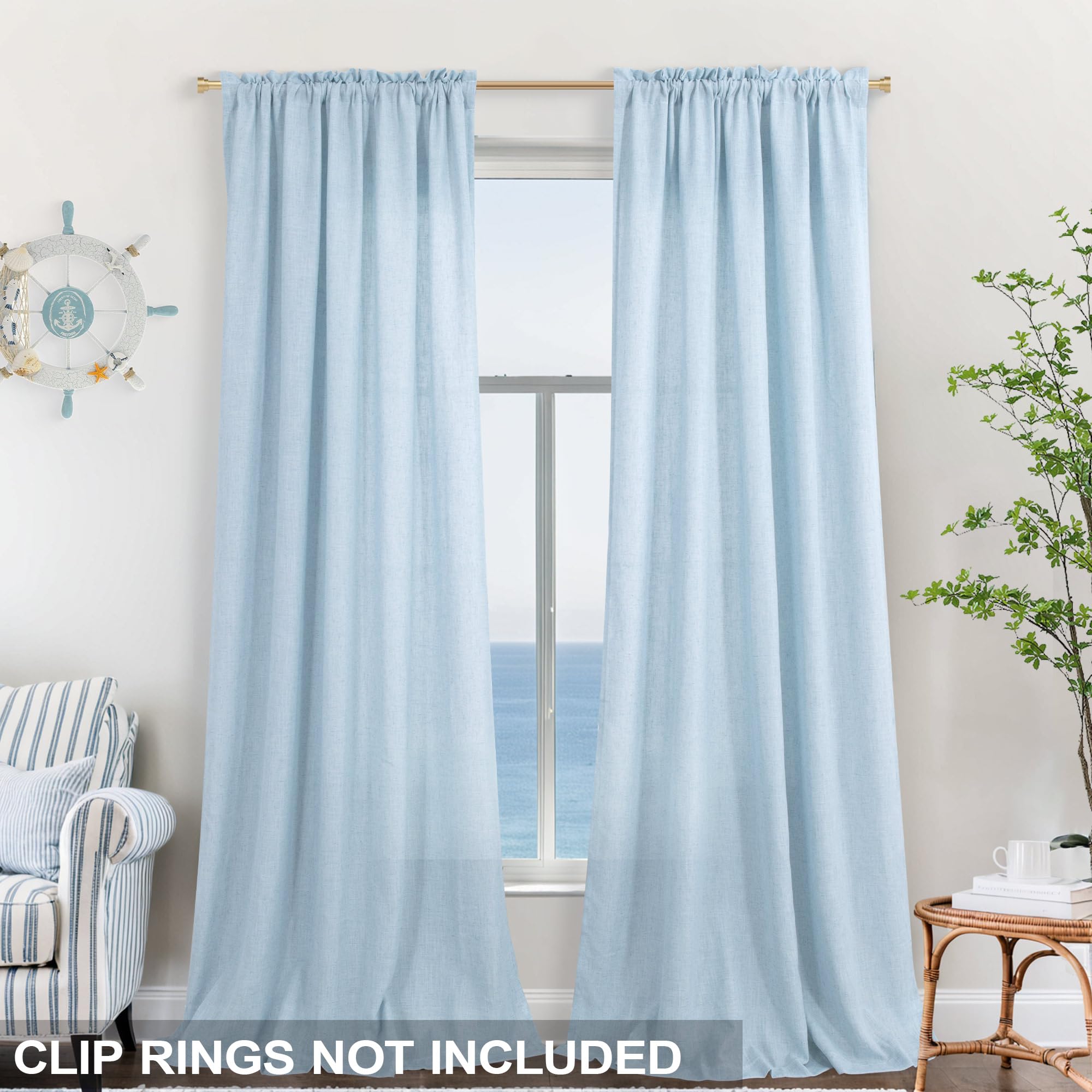 Koufall Blue Curtains 96 Inches Long For Living Room Girls Bedroom Set 2 Panels,Rod Pocket Light Blue Linen Semi Sheer Curtains 96 Inch Length For Kids Room,Baby Sky Blue