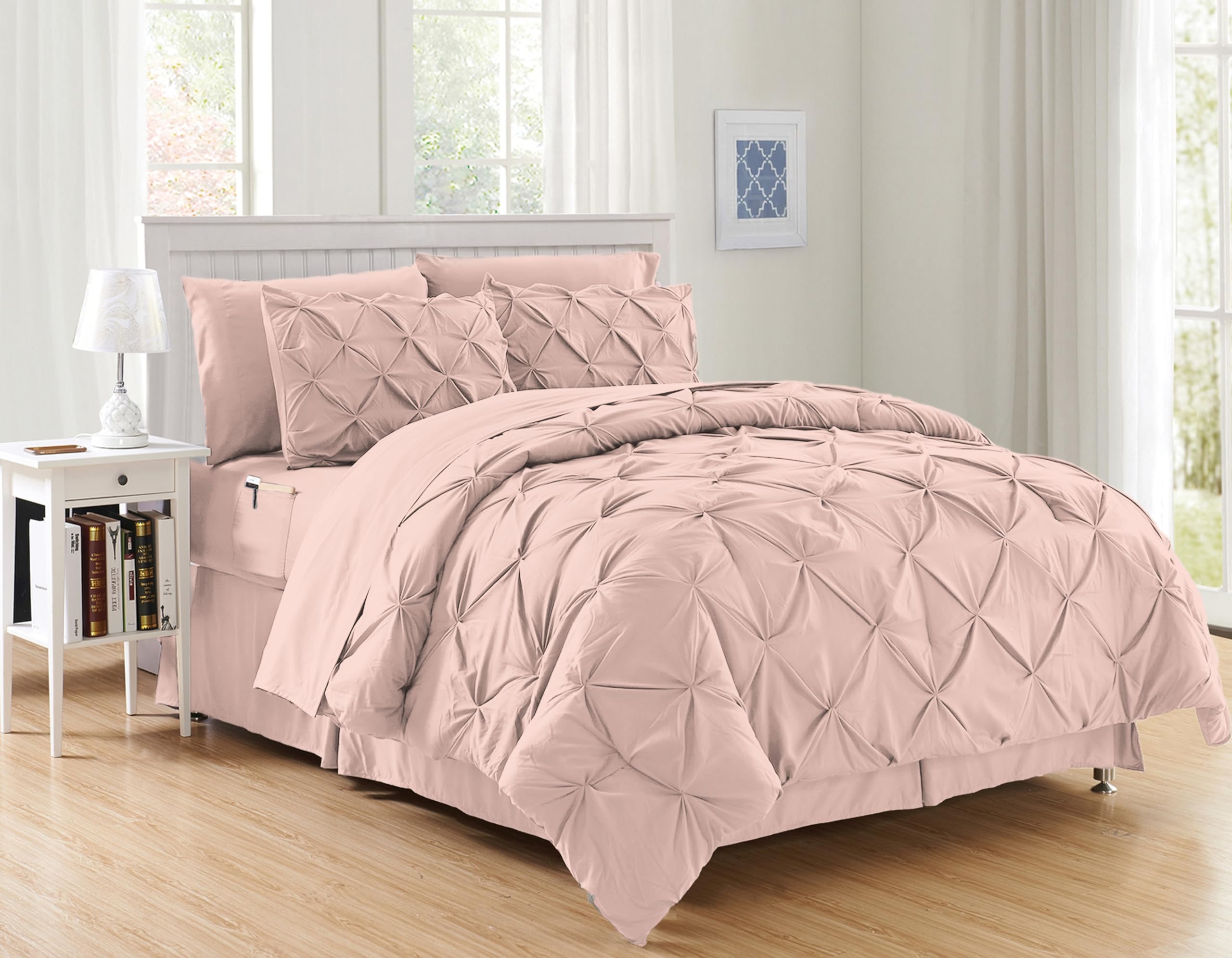Elegant Comfort Luxury Softest, Coziest 8-Piece Bed-In-A-Bag Comforter Set - Silky Soft Complete Set Includes Bed Sheet Set With Double Sided Storage Pockets, Twin/Twin Xl, Light Pink