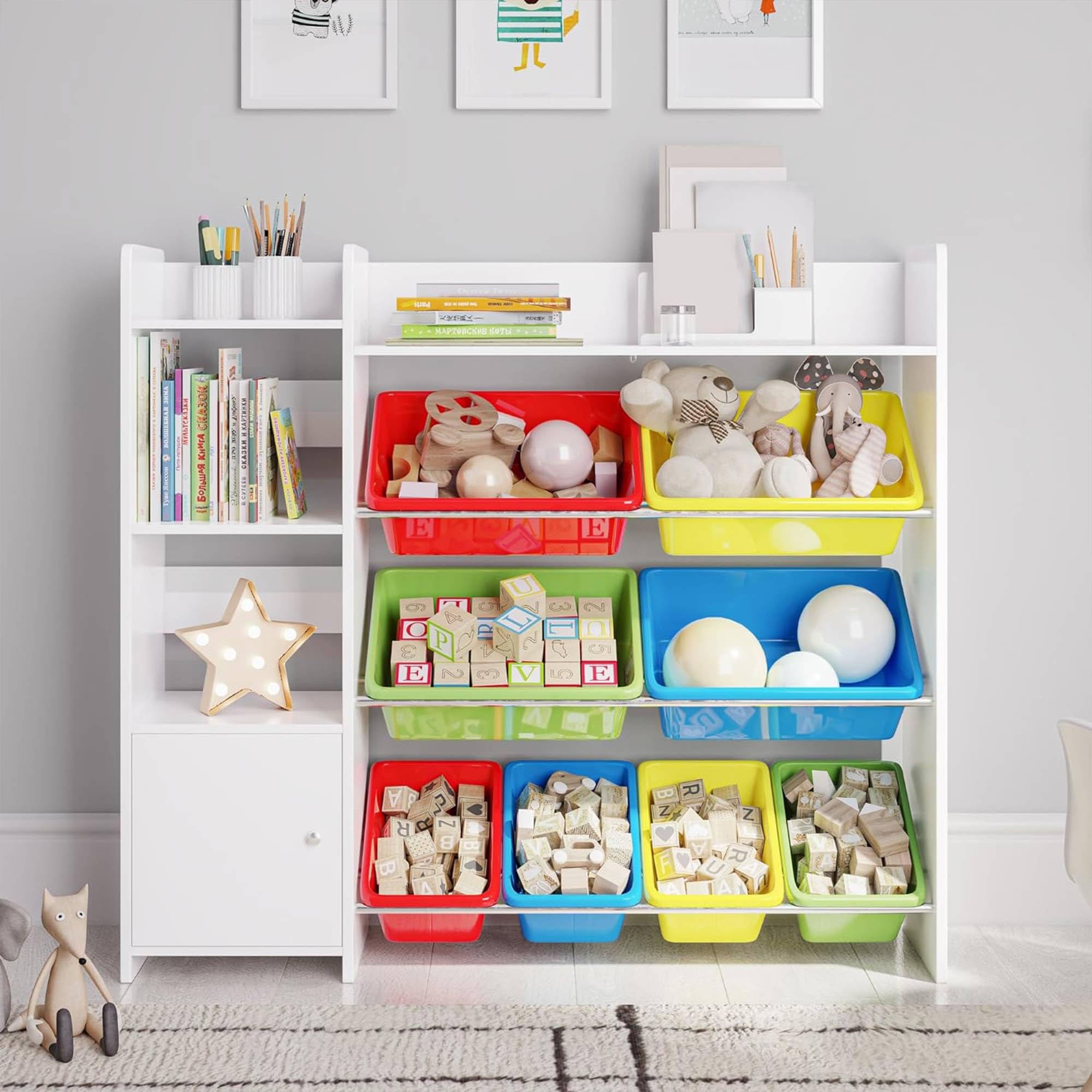 Toy Storage Organizer with Bookshelf, Kids Playroom Organization Shelving Unit with Removable Colorful Storage Bins & Anti-Tip B