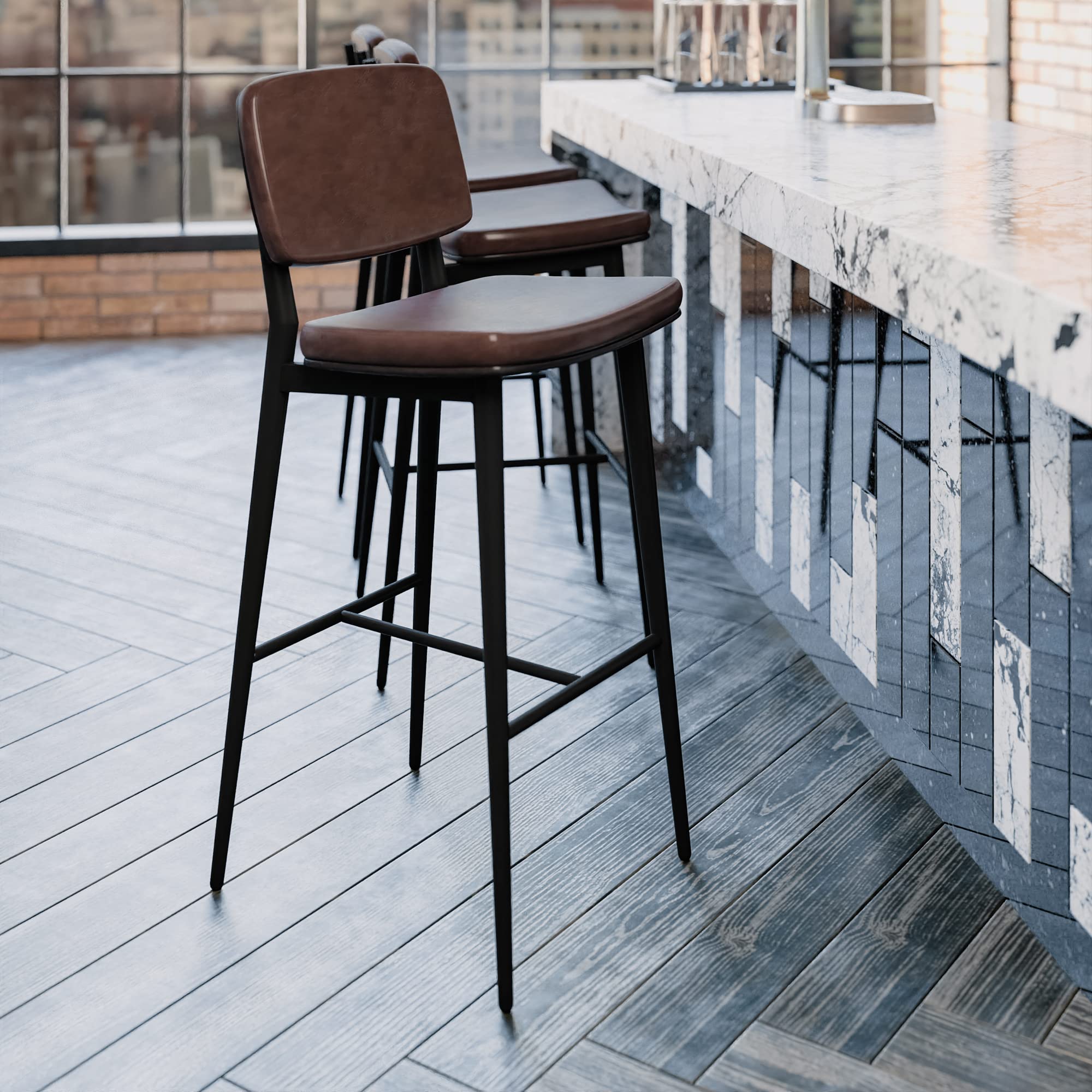 Flash Furniture Kenzie Commercial Grade Mid-Back Barstools - Brown LeatherSoft Upholstery - Black Iron Frame with Integrated Footrest - Set of 2