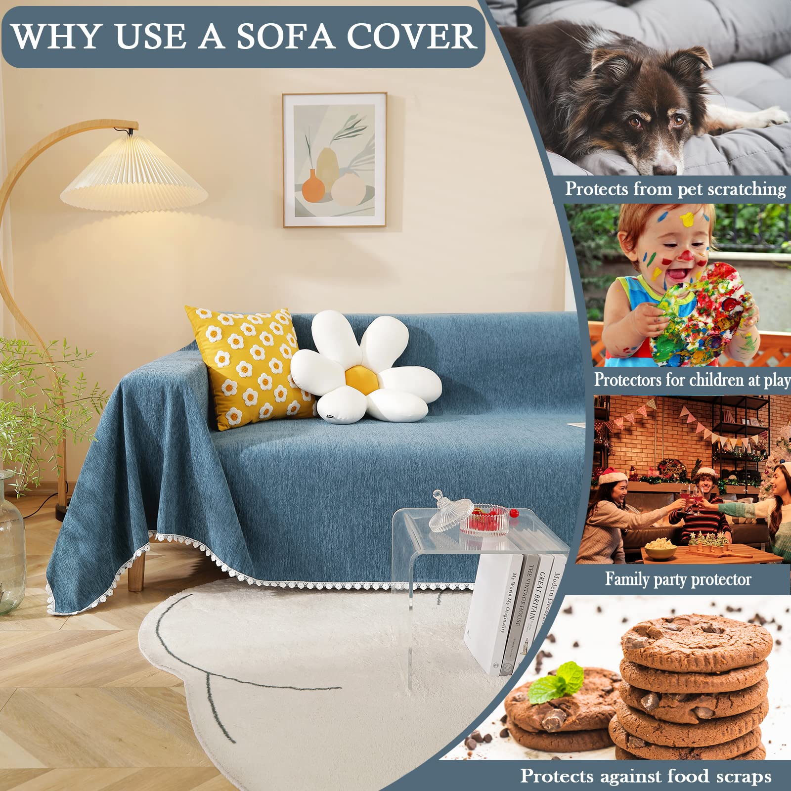 Handontime Navy Blue Sectional Couch Covers, Sofa Covers For 3 Cushion Couch Chenille Couch Cover Durable Rv Dinette Cushion Covers With Floral Lace Couch Cover For Dogs Kids Easy Fitted, 71' X134'