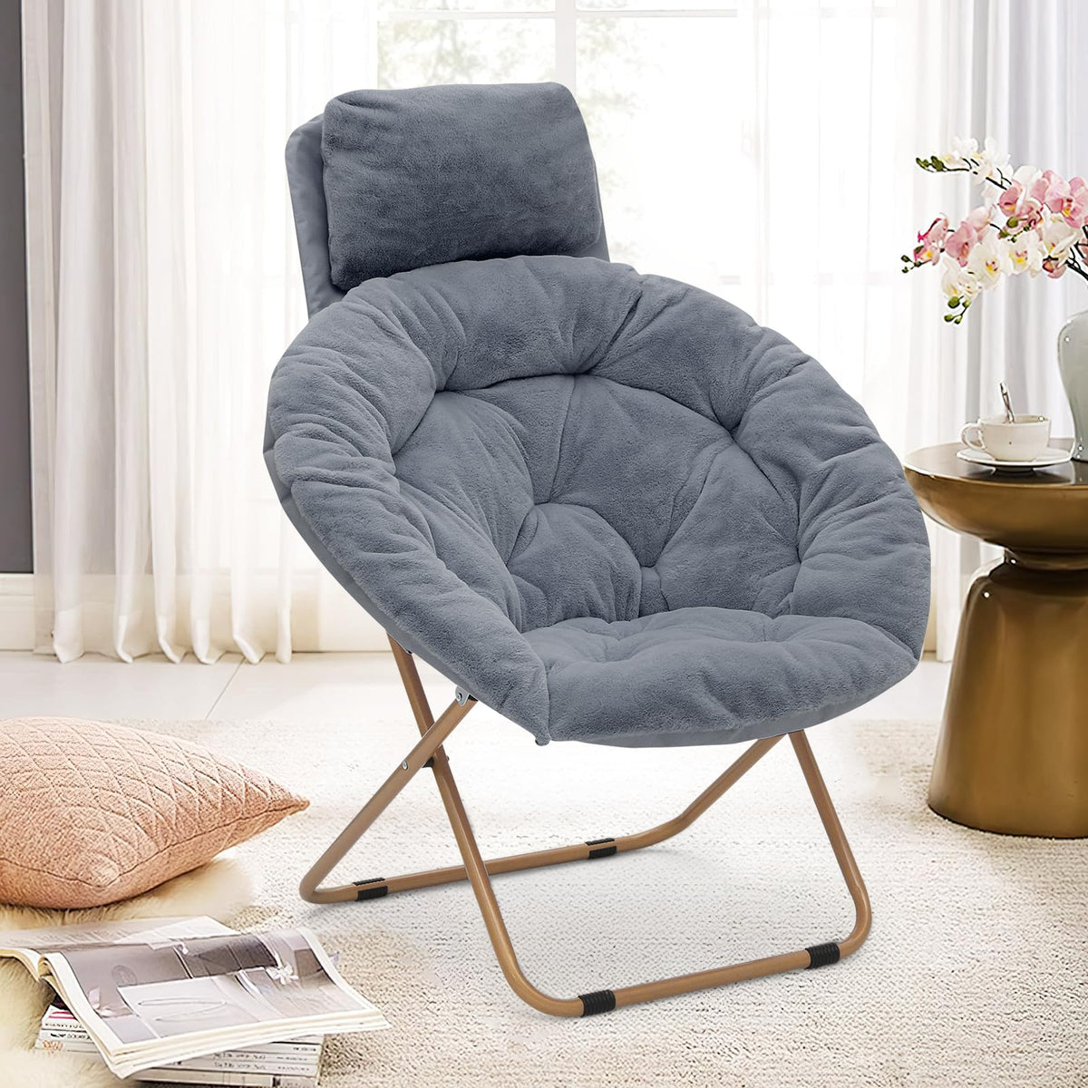 Brightoria Round Comfy Saucer Chair With Headrest Large Cozy, Metal Frame Cozy Lounge Lazy Chair Folding Faux Fur Saucer Chair F