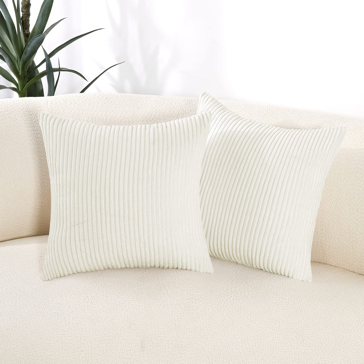 Deconovo Pack Of 2 Square Throw Pillow Covers In Cream White, 18X18 Inch, Decorative Cushion Covers With Pattern Stripes, Cordur