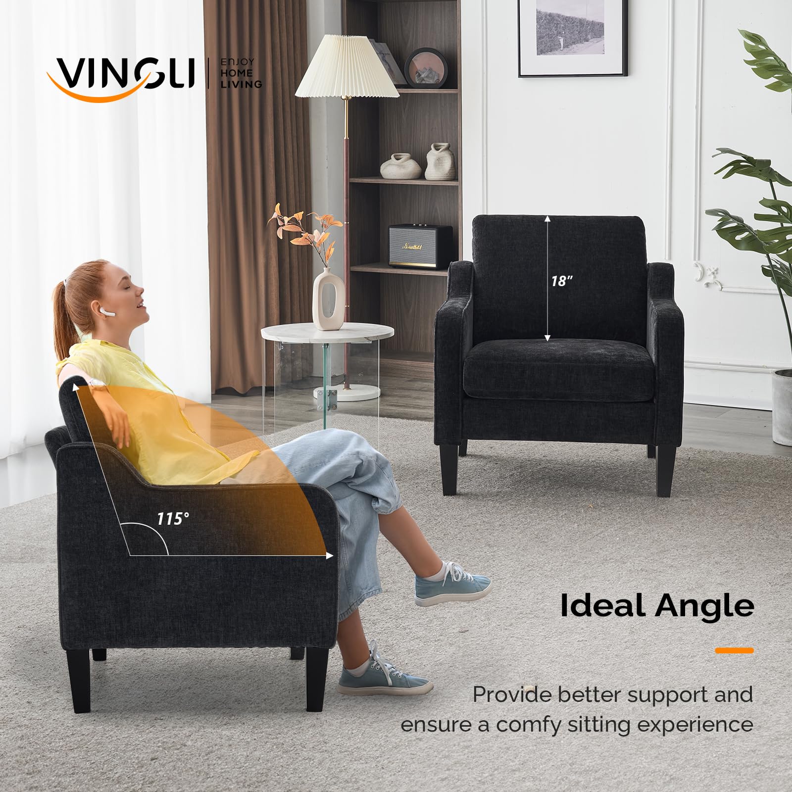 Vingli Living Room Chairs Set Of 2, Black Accent Chair 5.5' Thick Seat Cushion Comfy Chair Soft Chenille Side Chair Upholstered Arm Chair For Bedroom, Play Room, Apartment, Office (Black)