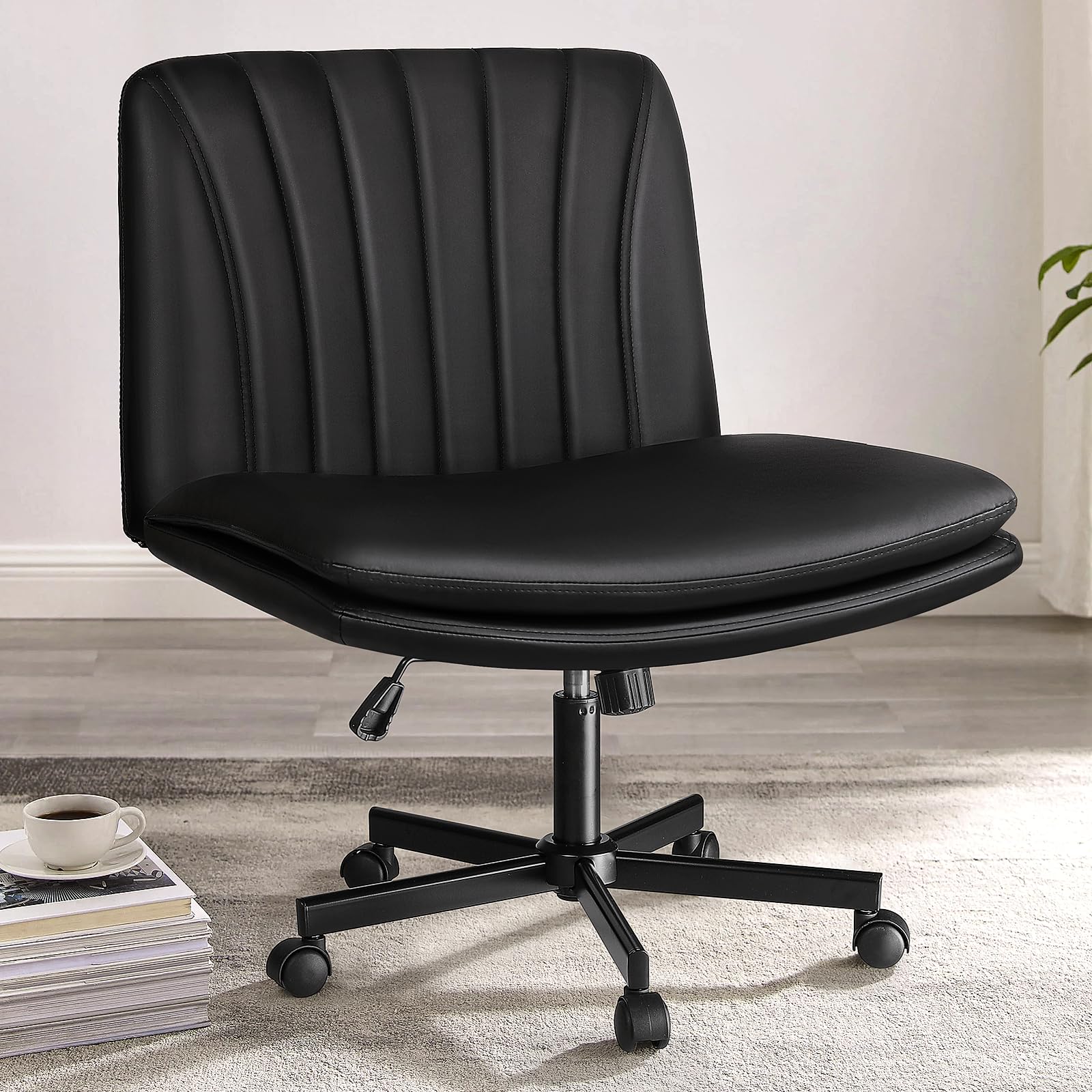 Pukami Criss Cross Chair With Wheels,Pu Leather Armless Cross Legged Office Desk Chair For Home Office,Modern Swivel Height Adjustable Wide Seat Computer Task Vanity Chair(Black)