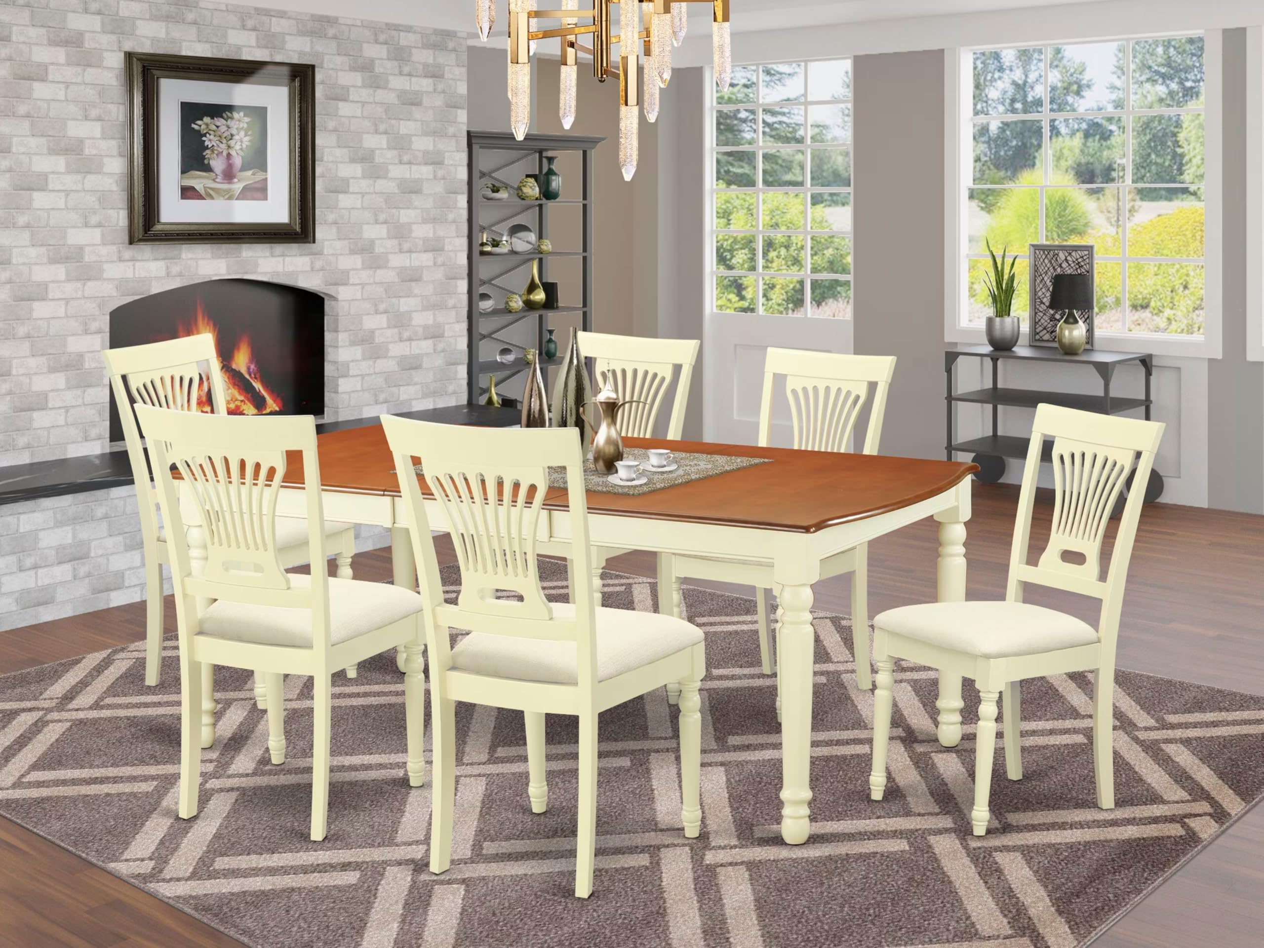 East West Furniture DOPL7-WHI-C 7 Piece Dining Room Table Set Consist of a Rectangle Kitchen Table with Butterfly Leaf and 6 Linen Fabric Upholstered Chairs, 42x78 Inch, Buttermilk & Cherry