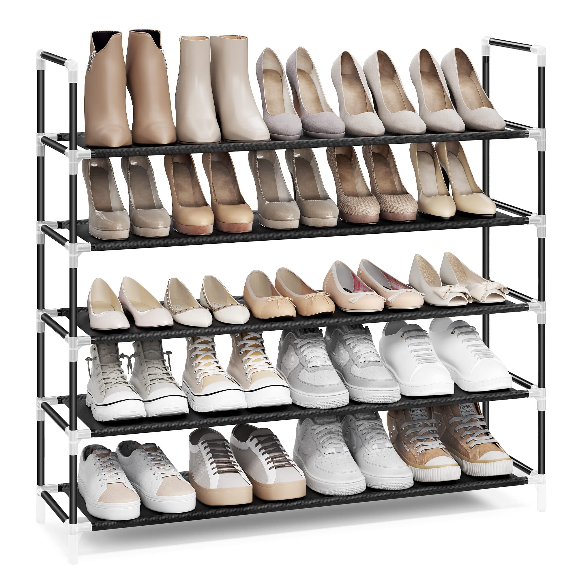 SONGMICS 5-Tier Shoe Rack, Shoe Storage for Hallway Closet, Slim and Space-Saving, Metal Frame, Non-Woven Fabric Shelves, Black 