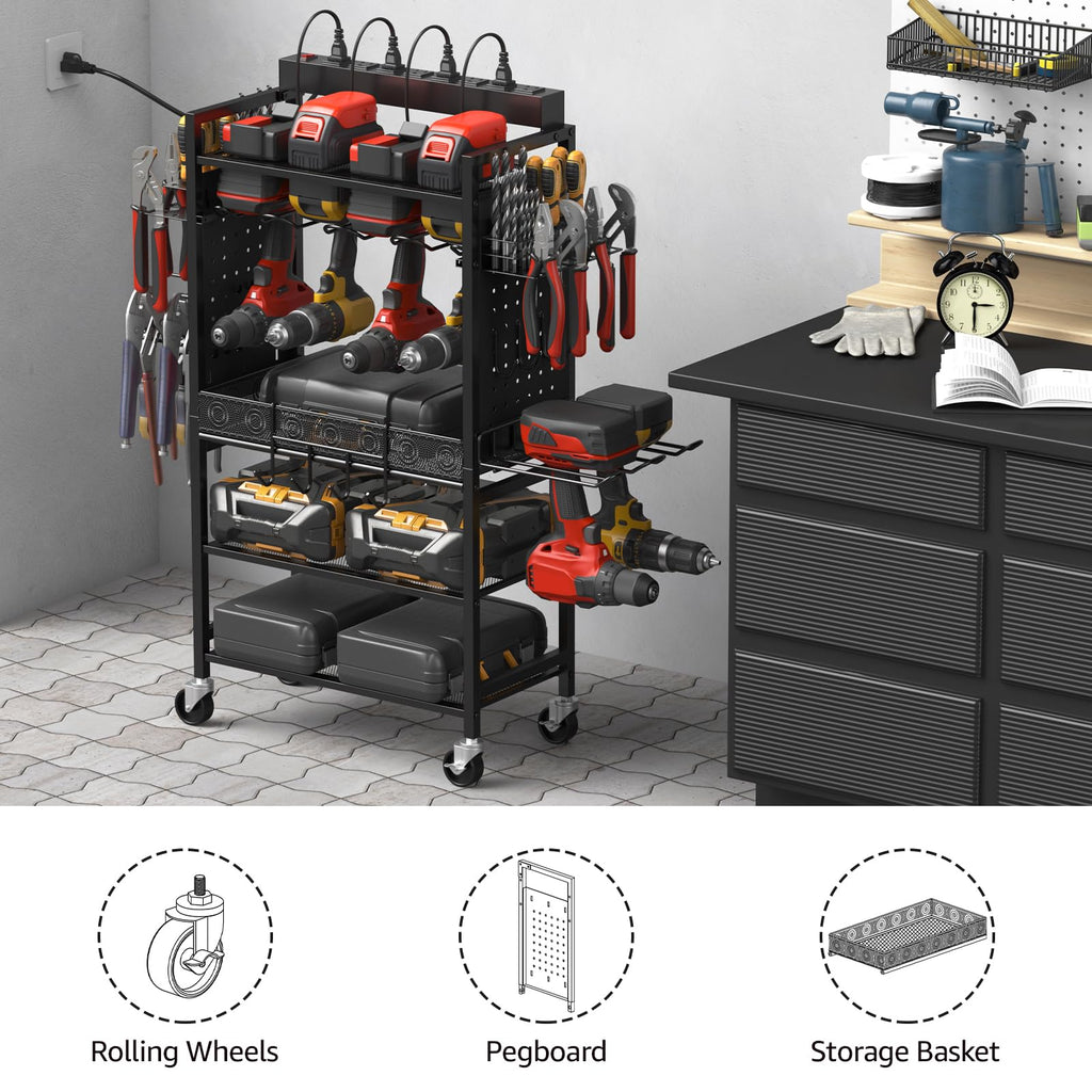 CECCEI Power Tool Organizer Cart with Charging Station, Rolling Garage Storage, Black Metal