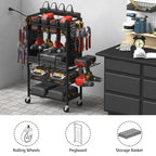 CECCEI Power Tool Organizer Cart with Charging Station, Rolling Garage Storage, Black Metal