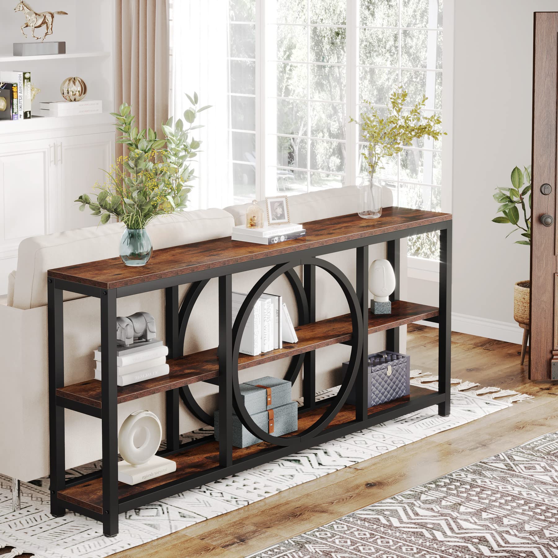 Tribesigns Extra Long Console Table, 70.9 Inch Narrow Sofa Tables With 3 Tier Wood Storage Shelves Industrial Metal Frame For Entryway Hallway Living Room Behind Couch, Rustic Brown Black