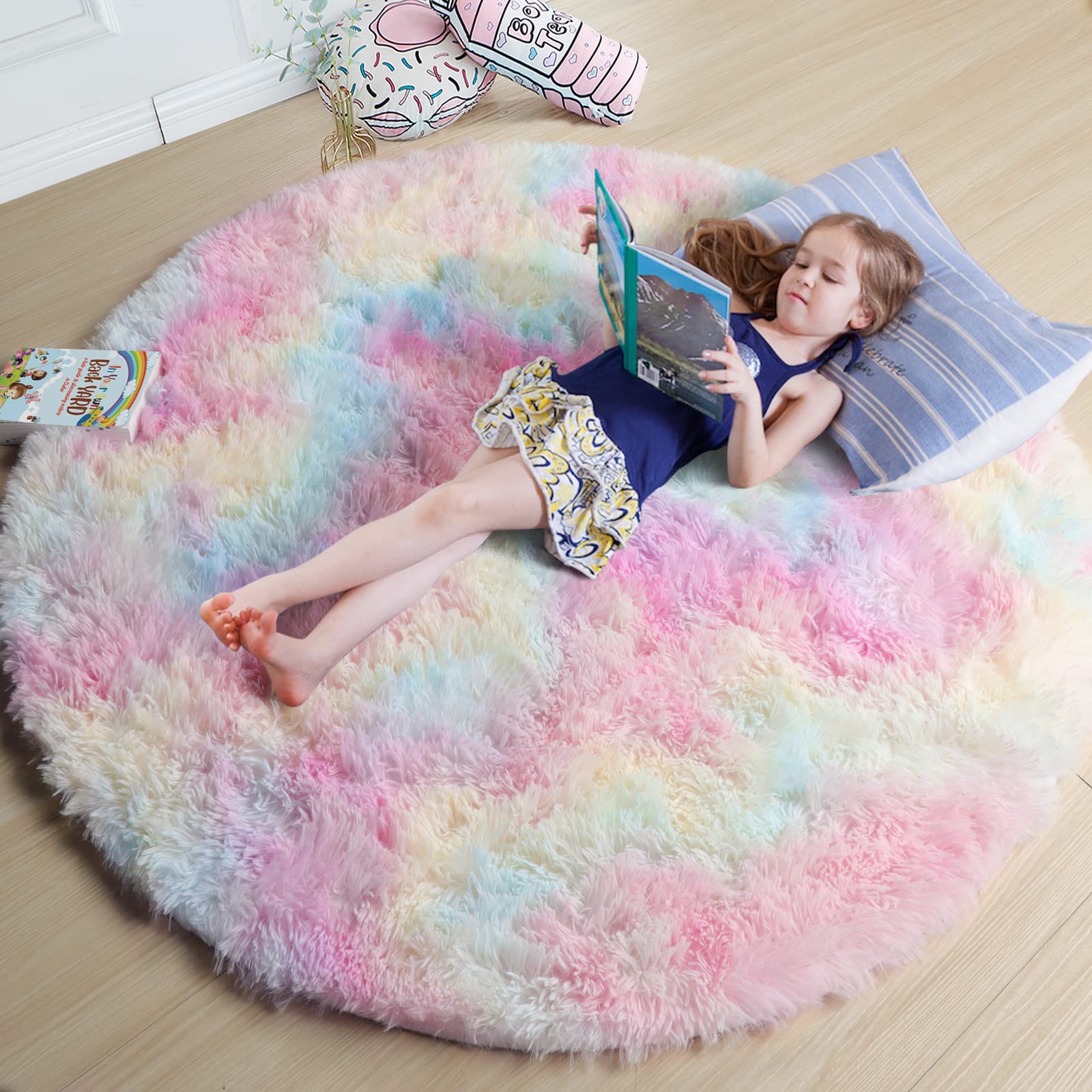 Amdrebio Rainbow Fluffy Rugs for Girls Bedroom 6ft,Unicorn Room Decor,Pastel Round Rug for Kids,Shag Carpet for Nursery,Soft Pla