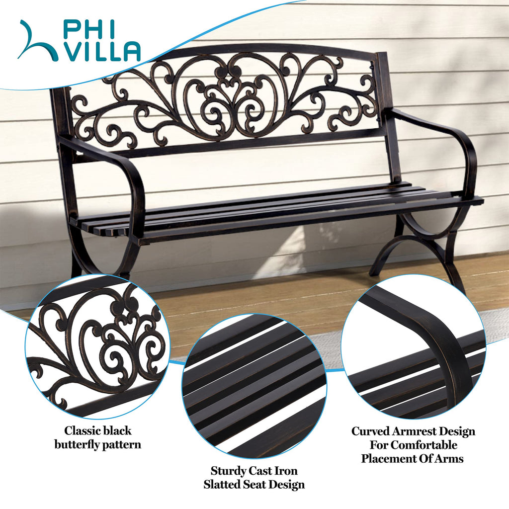 Phi Villa 50Inch Cast Iron Steel Frame Garden Bench Patio Furniture Chair Outdoor Bench W/Floral Design Backrest, Slatted Seat For Park, Yard & Porch, Bronze
