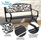 Phi Villa 50Inch Cast Iron Steel Frame Garden Bench Patio Furniture Chair Outdoor Bench W/Floral Design Backrest, Slatted Seat For Park, Yard & Porch, Bronze