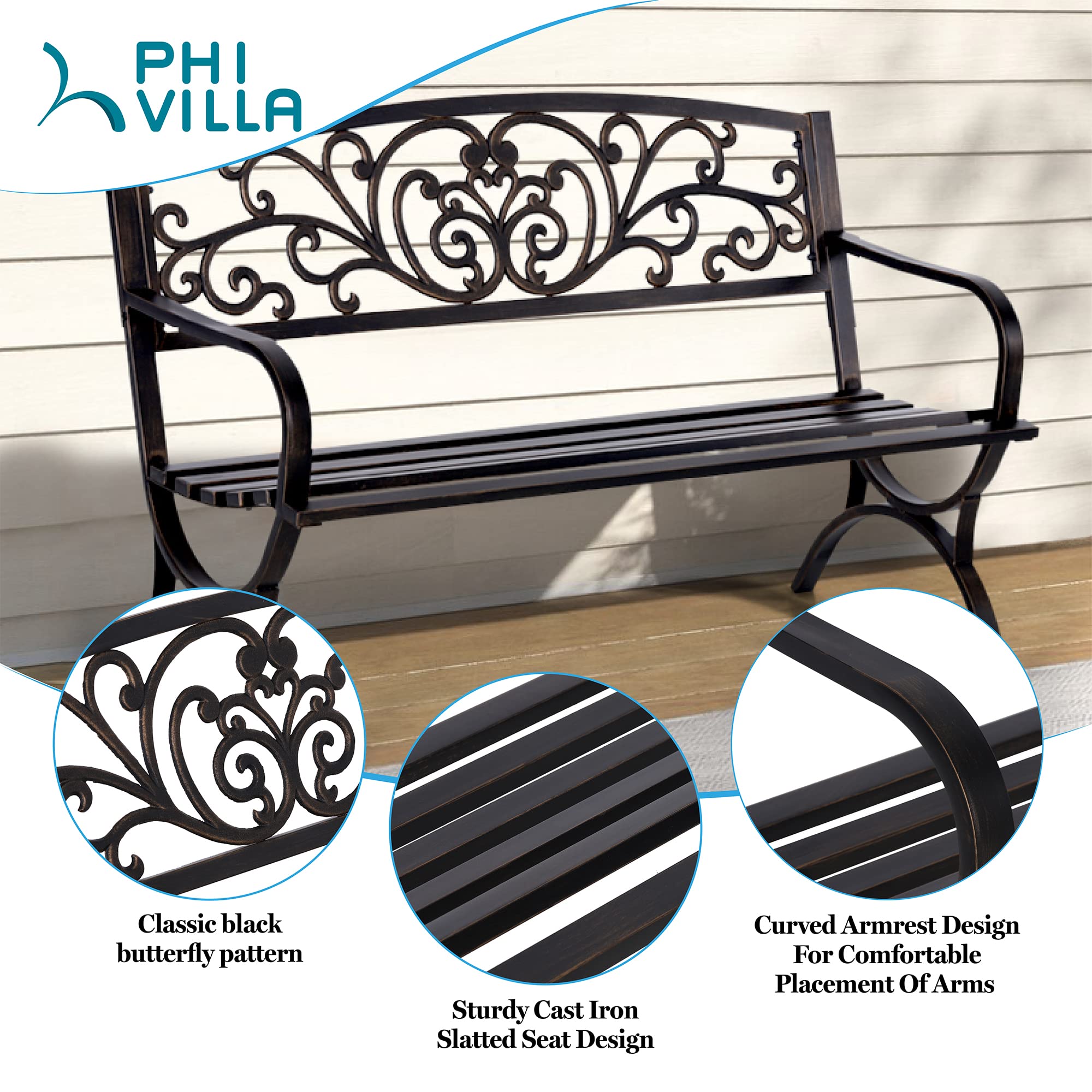 Phi Villa 50Inch Cast Iron Steel Frame Garden Bench Patio Furniture Chair Outdoor Bench W/Floral Design Backrest, Slatted Seat For Park, Yard & Porch, Bronze