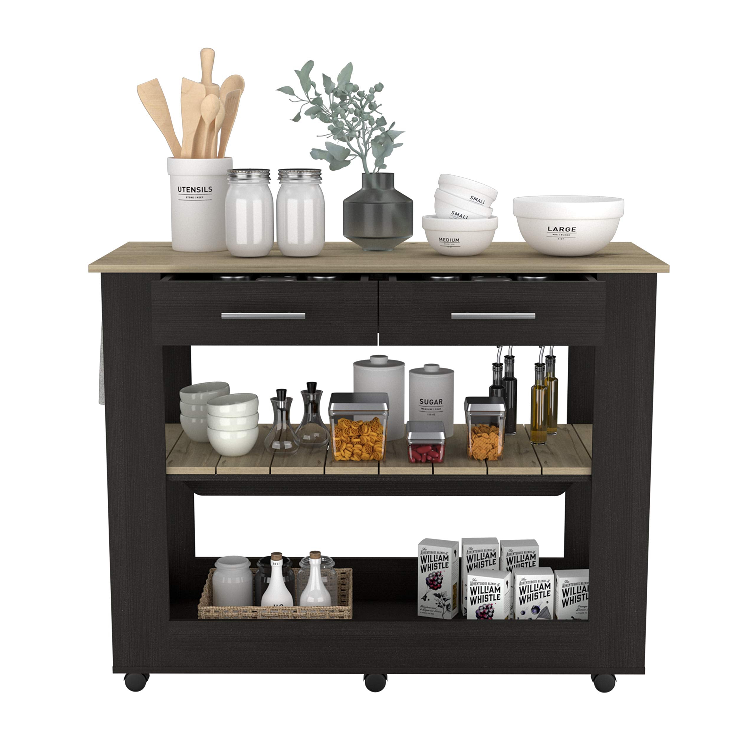 Fm Furniture Brooklyn 80 Kitchen Island, With Two Shelves And Two Drawers, Black. For Kitchen Room