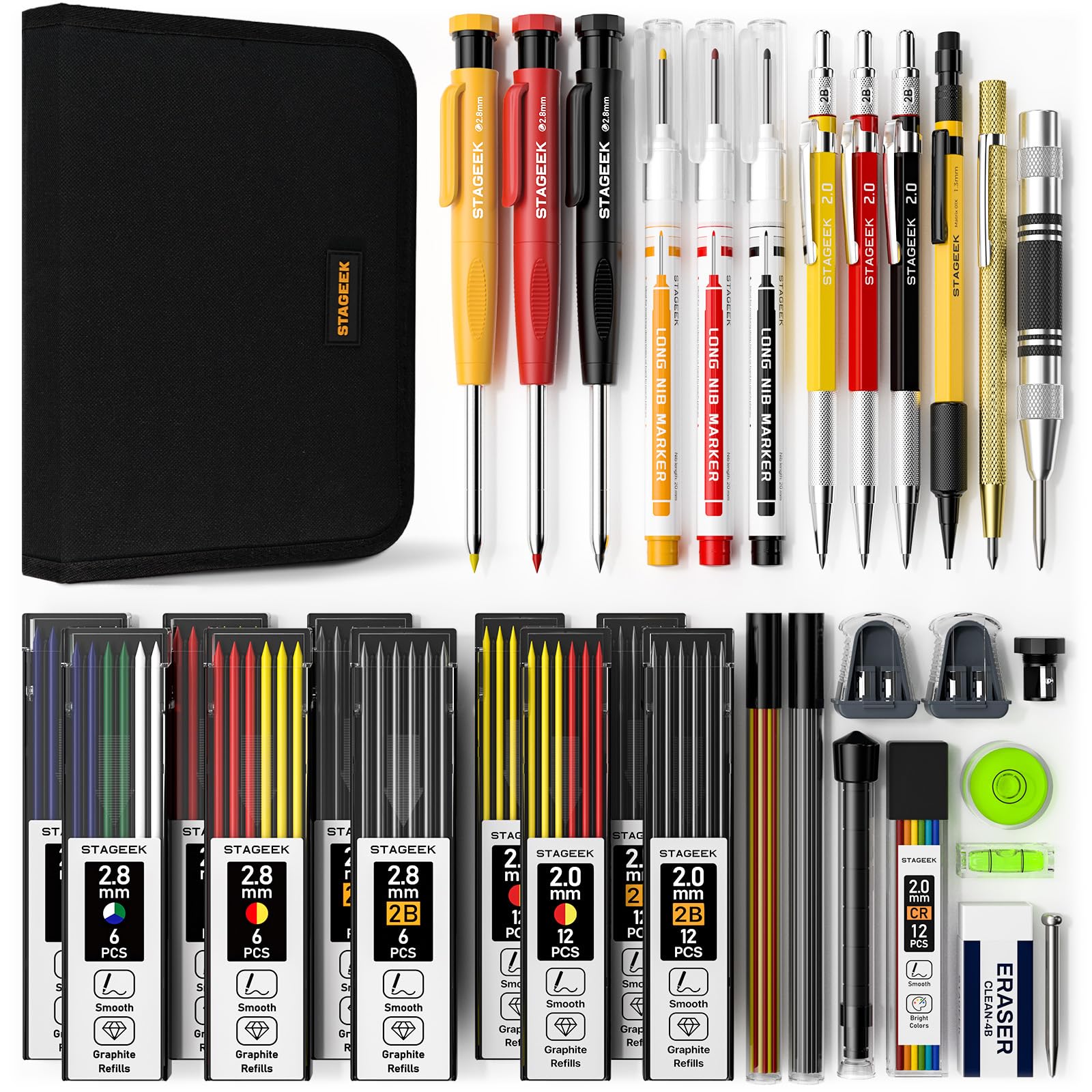 Stageek 34 Pack Carpenter Pencil Set With Sharpener, Mechanical Carpenter Pencils With Deep Hole Long-Nib Marker Pens, Carbide S