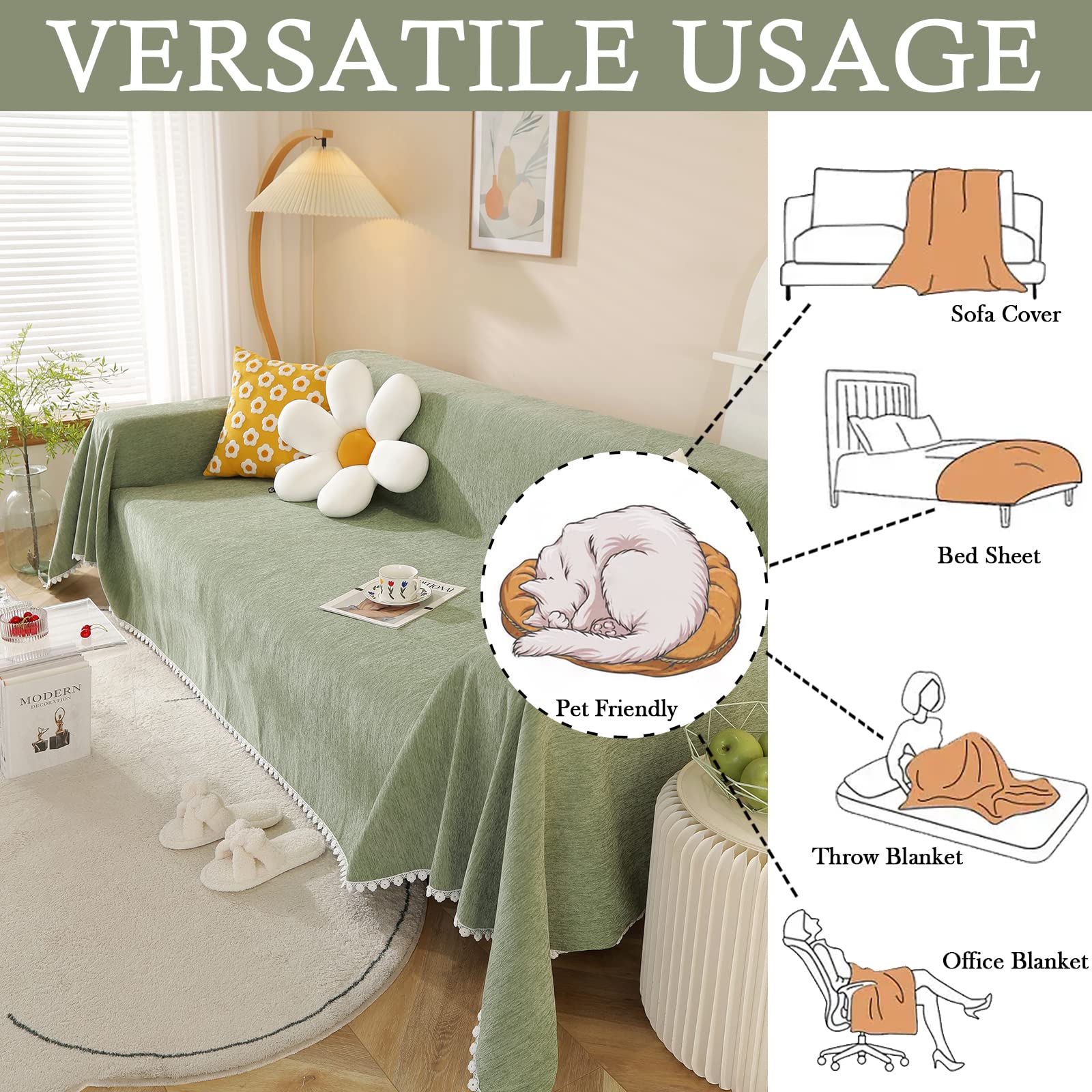 Handontime Couch Cover, Sofa Covers, Sage Couch Cushion Cover Dog Furniture Protector For Living Room Chenille Couch Throw Cover Soft Thick Machine Washable Throw Blankets Sofa Slipcovers, 71' X150'