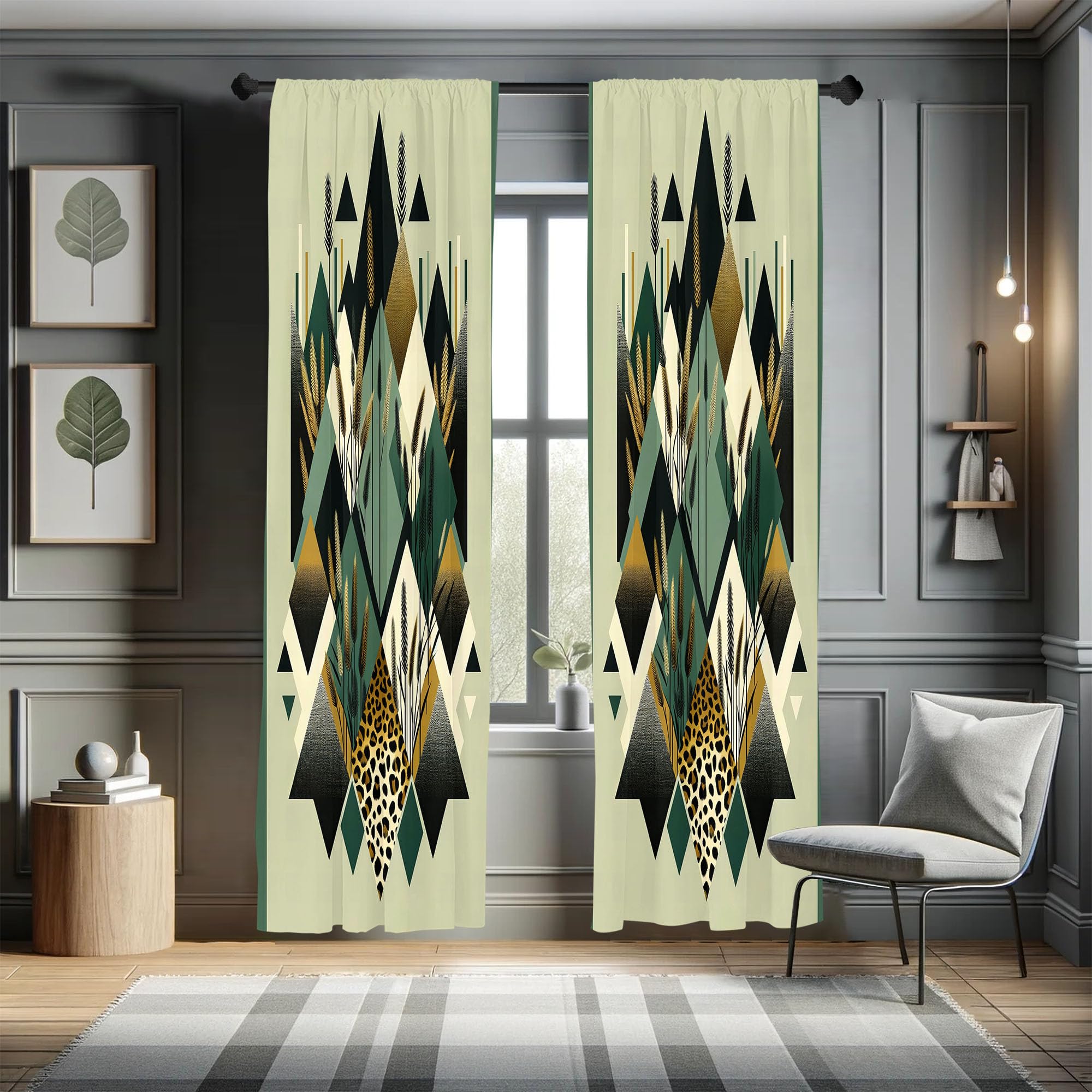 Ambesonne Bohemian Window Curtains, Diamond Shapes Geometric Design Abstract Botanical Design Boho, Lightweight Decor 2-Panel Se