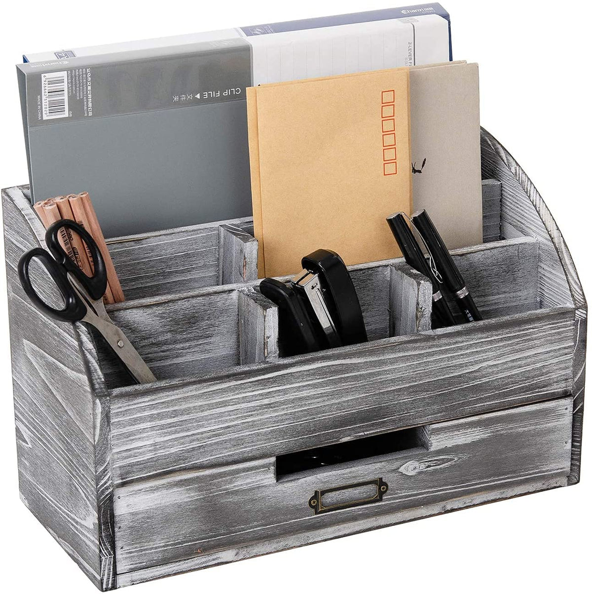 Vergoodr Rustic Wooden Office Desk Organizer 5 Compartment With 2 Drawer &Counter Home Tabletop Desktop Jewelry Mail Rack Storag