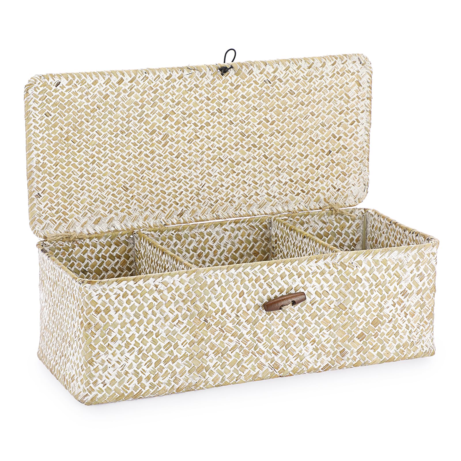 Hipiwe Seagrass Storage Basket Bin 3 Sections Hand-Woven Wicker Basket with Lid Bathroom Basket Toilet Tank Basket Holder for Or