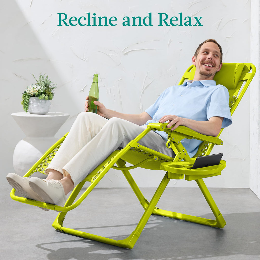 Best Choice Products Adjustable Zero Gravity Chair, Monochromatic Color Folding Patio Recliner W/Side Tray, Headrest - Neon