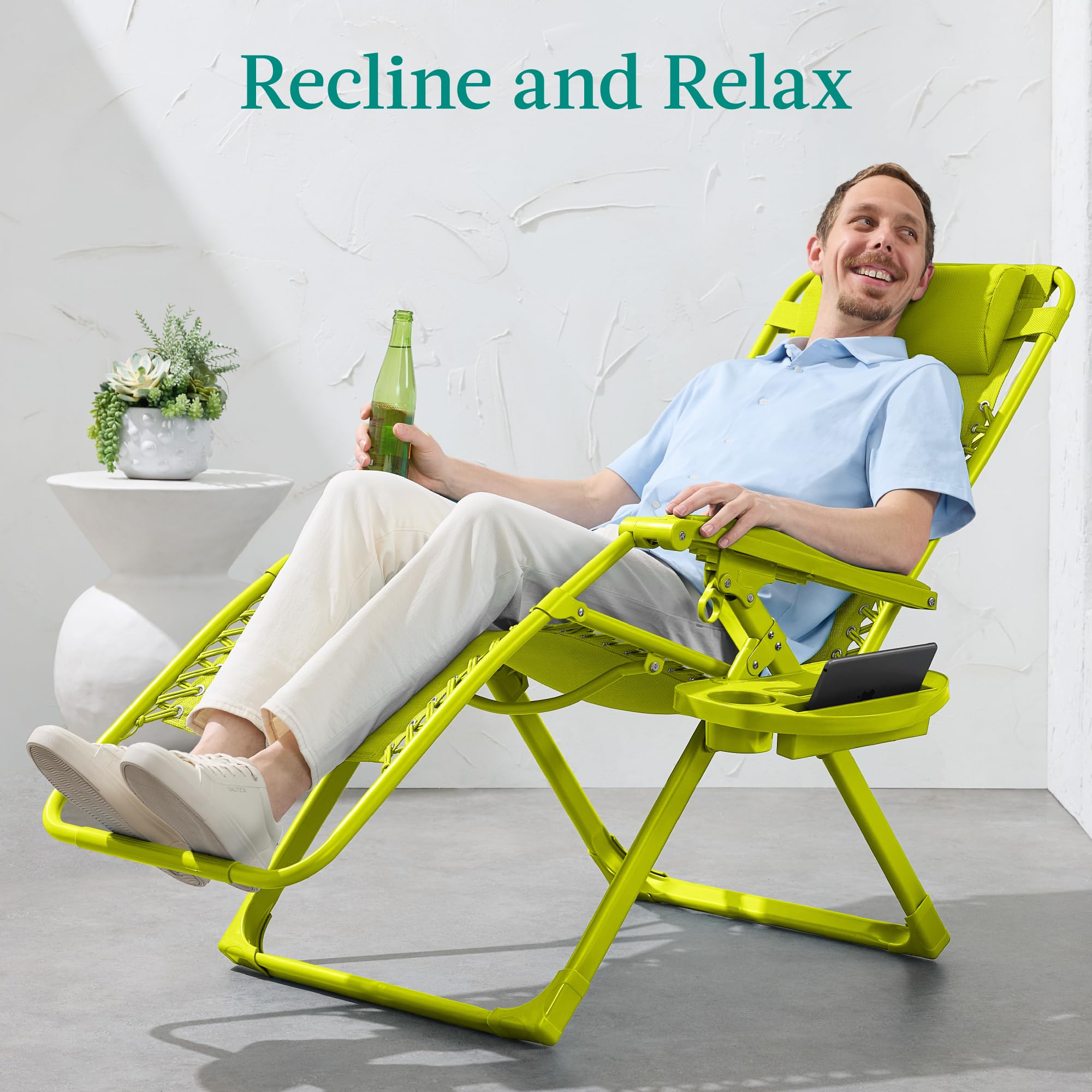 Best Choice Products Adjustable Zero Gravity Chair, Monochromatic Color Folding Patio Recliner W/Side Tray, Headrest - Neon