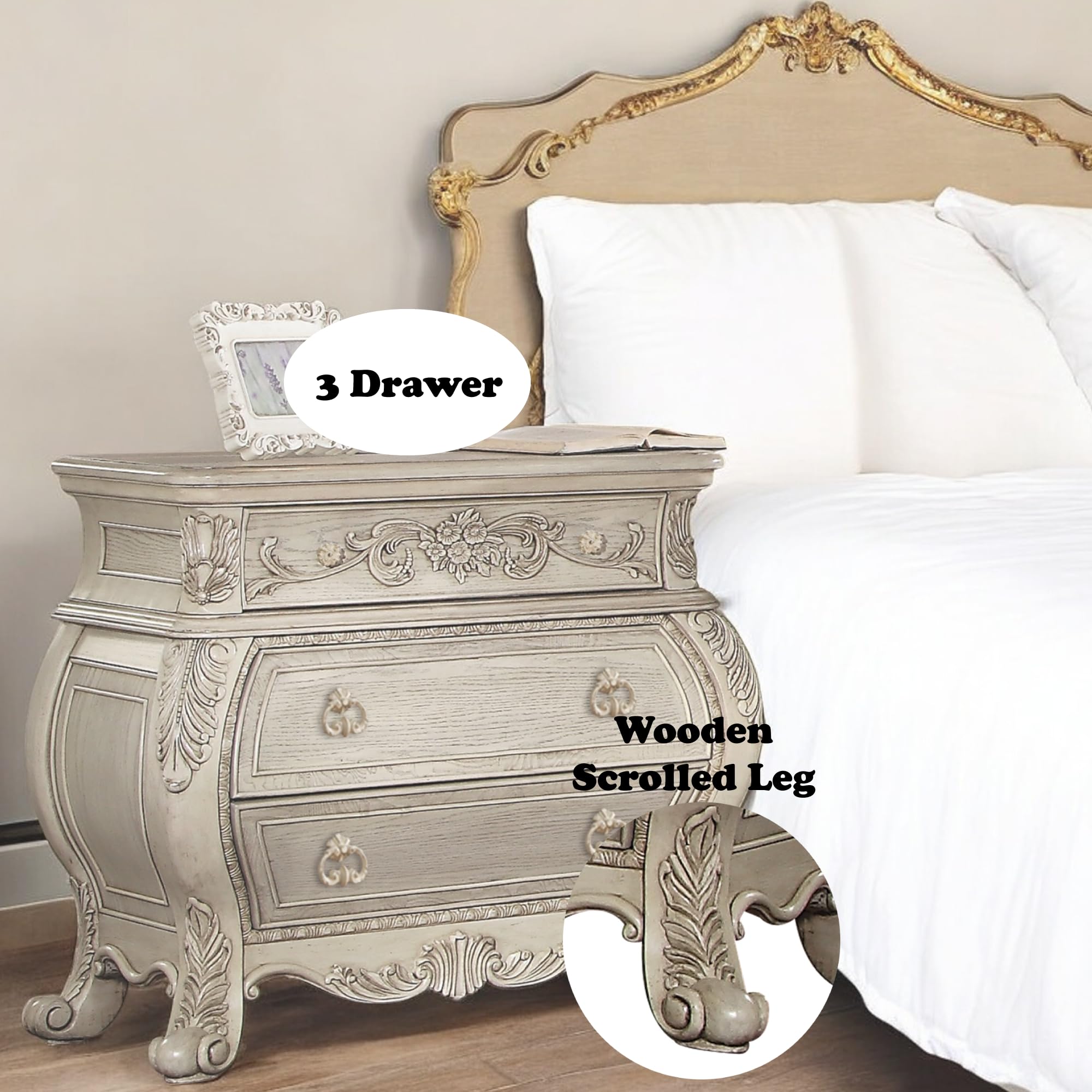 Acme Ragenardus 3-Drawer Wood Bombe Nightstand in Antique White