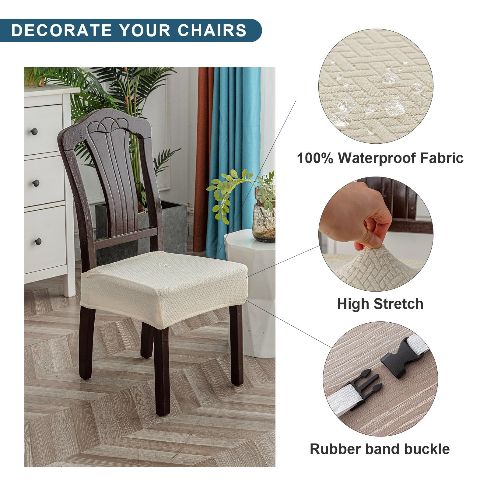 Genina Waterproof Seat Covers For Dining Room Chair Covers Waterproof Dining Chair Covers (4 Pcs-Rear-Covered, Beige)