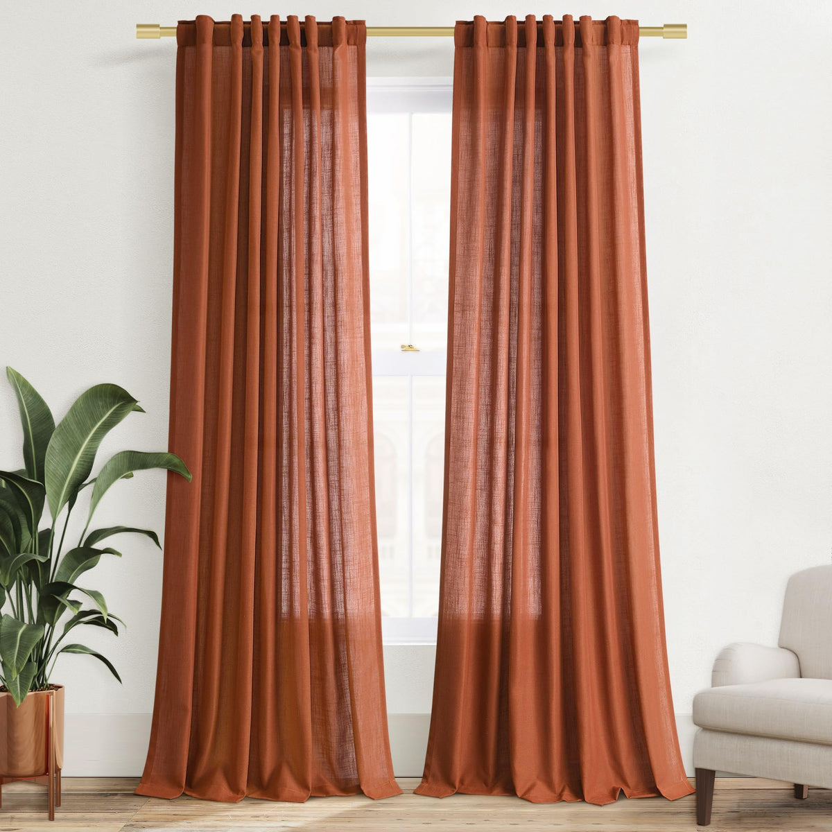 Joywell Hook Belt Linen Semi Sheer Curtains Inches Length Long Rod Pocket/Back Tab/Hook Belt/Clip Rings Window Curtains Drapes For Bedroom Living Room 2 Panels Set,52X120,Terracotta