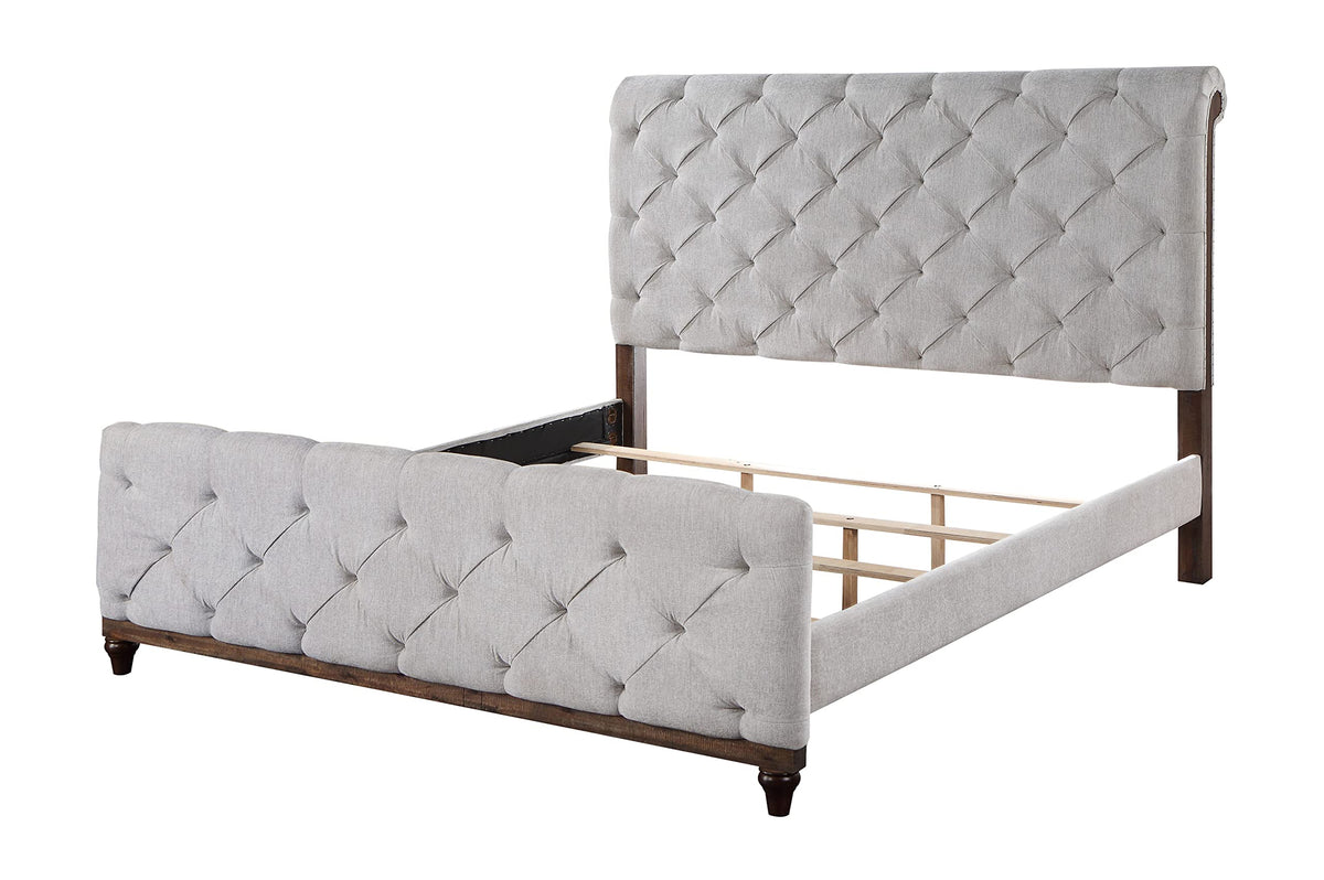 Acme Andria Tufted Fabric Eastern King Bed in Gray and Reclaimed Oak