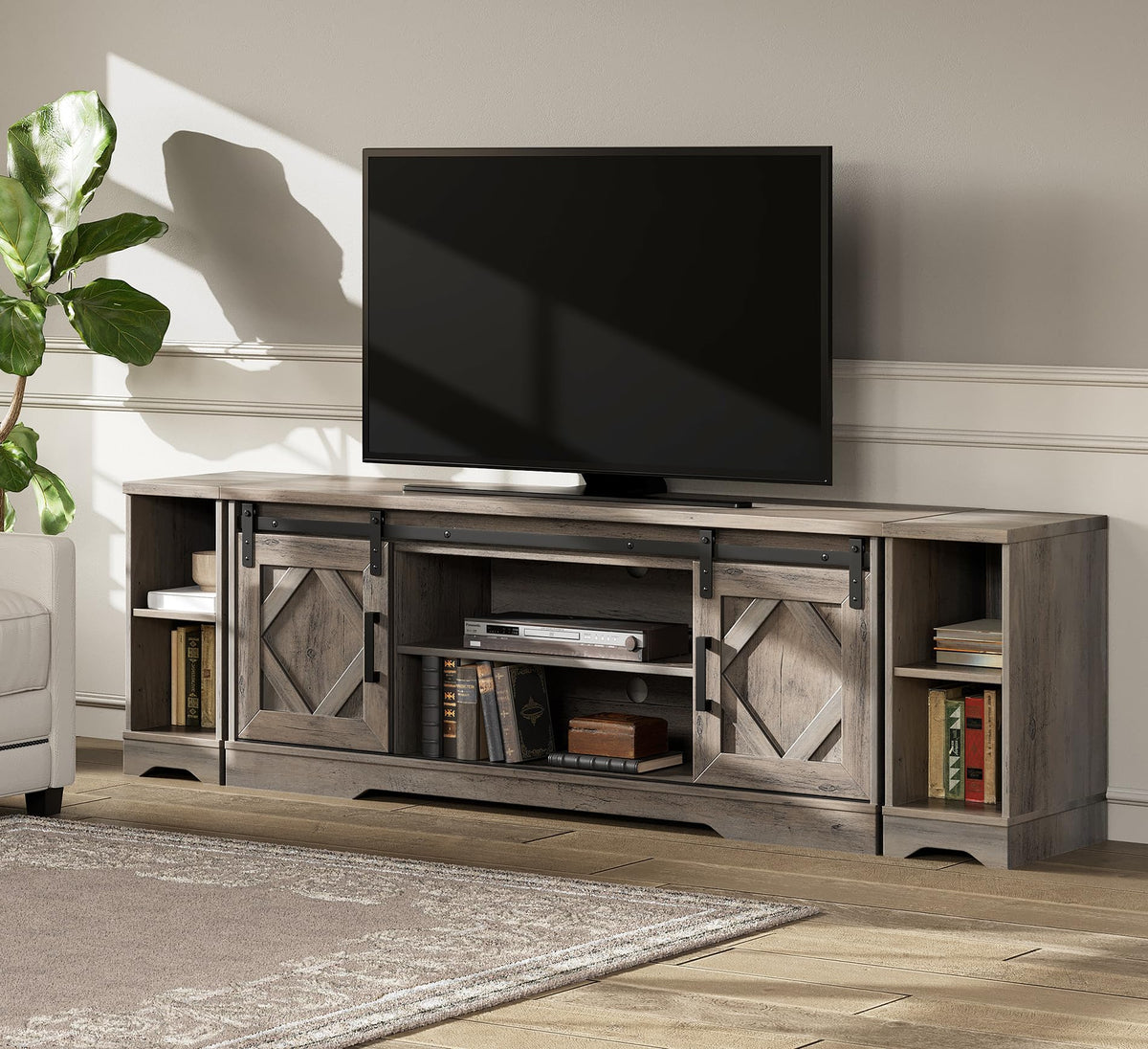Wampat Modern Farmhouse 3 In 1 Tv Stand For Up To 85' Tvs Wood Entertainment Center With Open Storage For Living Room,Washed Grey