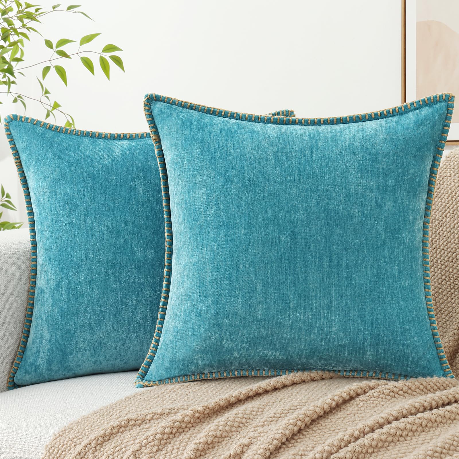 Decoruhome Chenille Soft Throw Pillow Covers 24X24 Set Of 2, Farmhouse Velvet Pillow Covers, Decorative Square Pillow Covers Wit