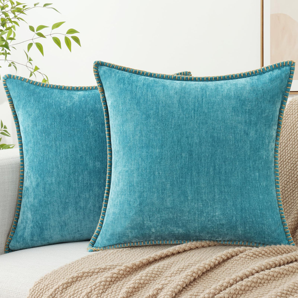 Decoruhome Chenille Soft Throw Pillow Covers 16X16 Set Of 2, Farmhouse Velvet Pillow Covers, Decorative Square Pillow Covers Wit