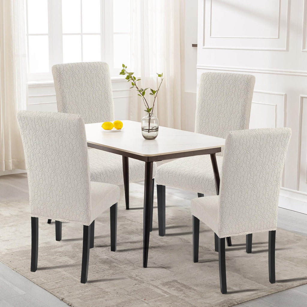Searchi Jacquard Dining Room Chair Covers Set Of 4, Stretch Kitchen Chair Covers Washable Parsons Chair Slipcover Removable Dining Chair Protectors For Hotel,Ceremony(Beige Floral Texture)